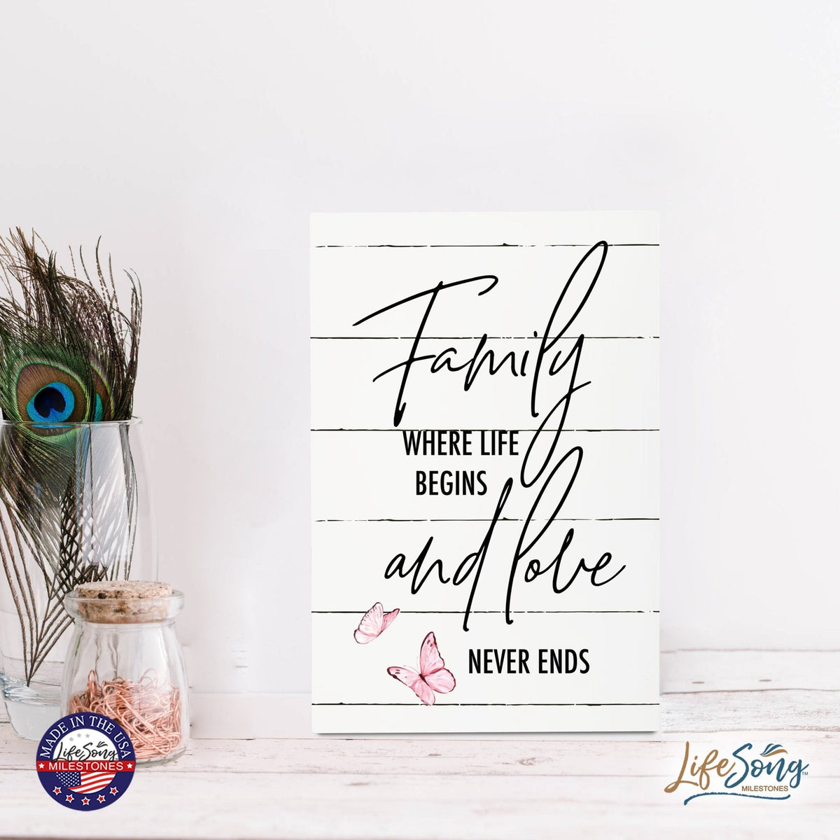 Wood Wall Sign with Inspirational Quote Family Where Life Begins (Pink) Table Top Home Office Desk Decoration 5.5x8in - LifeSong Milestones
