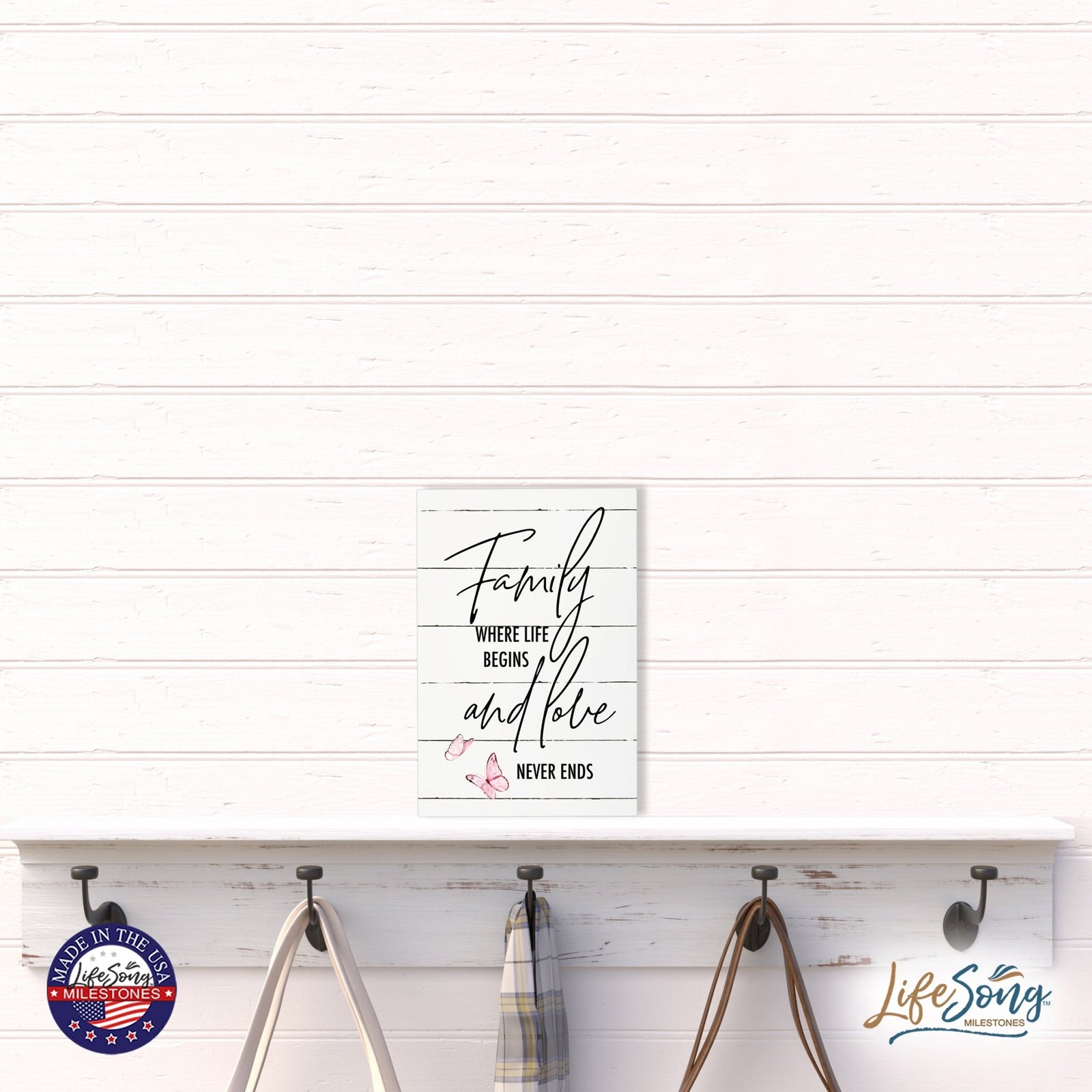 Wood Wall Sign with Inspirational Quote Family Where Life Begins (Pink) Table Top Home Office Desk Decoration 5.5x8in - LifeSong Milestones