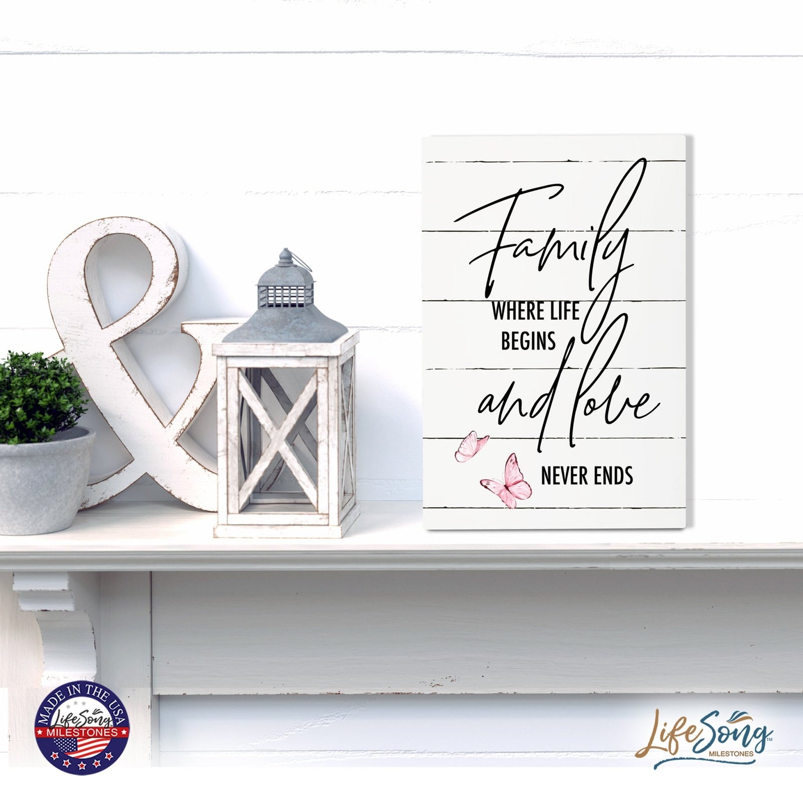 Wood Wall Sign with Inspirational Quote Family Where Life Begins (Pink) Table Top Home Office Desk Decoration 5.5x8in - LifeSong Milestones