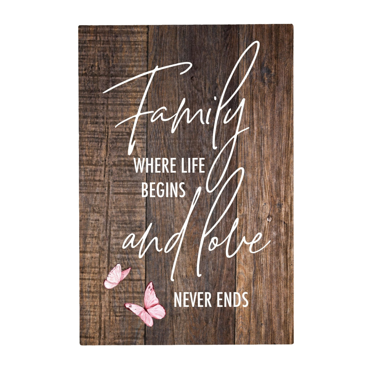 Wood Wall Sign with Inspirational Quote Family Where Life Begins (Pink) Table Top Home Office Desk Decoration 5.5x8in - LifeSong Milestones