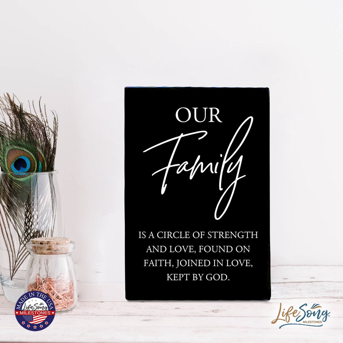Wood Wall Sign with Inspirational Quote Our Family Is A Circle Table Top Home Office Desk Decoration 5.5x8in - LifeSong Milestones
