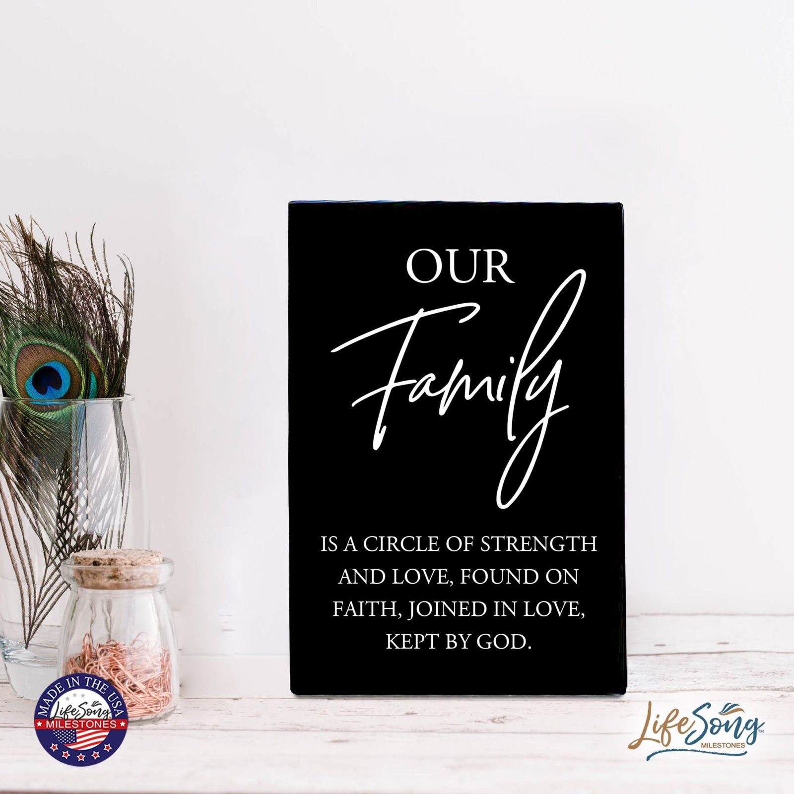 Wood Wall Sign with Inspirational Quote Our Family Is A Circle Table Top Home Office Desk Decoration 5.5x8in - LifeSong Milestones