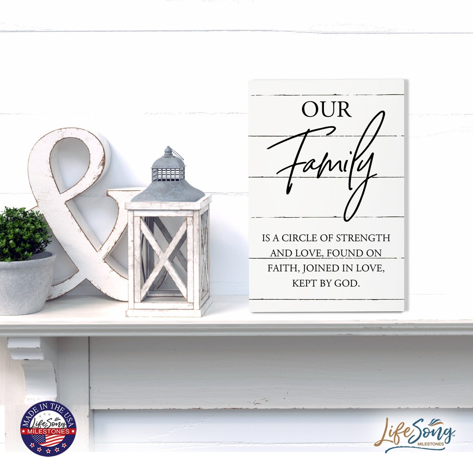 Wood Wall Sign with Inspirational Quote Our Family Is A Circle Table Top Home Office Desk Decoration 5.5x8in - LifeSong Milestones