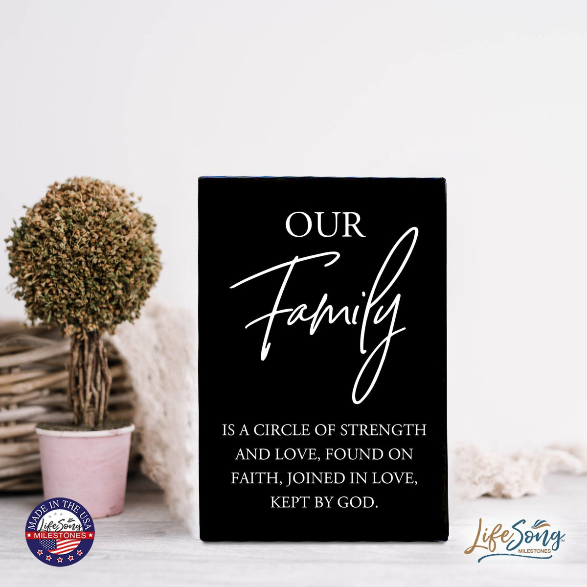 Wood Wall Sign with Inspirational Quote Our Family Is A Circle Table Top Home Office Desk Decoration 5.5x8in - LifeSong Milestones