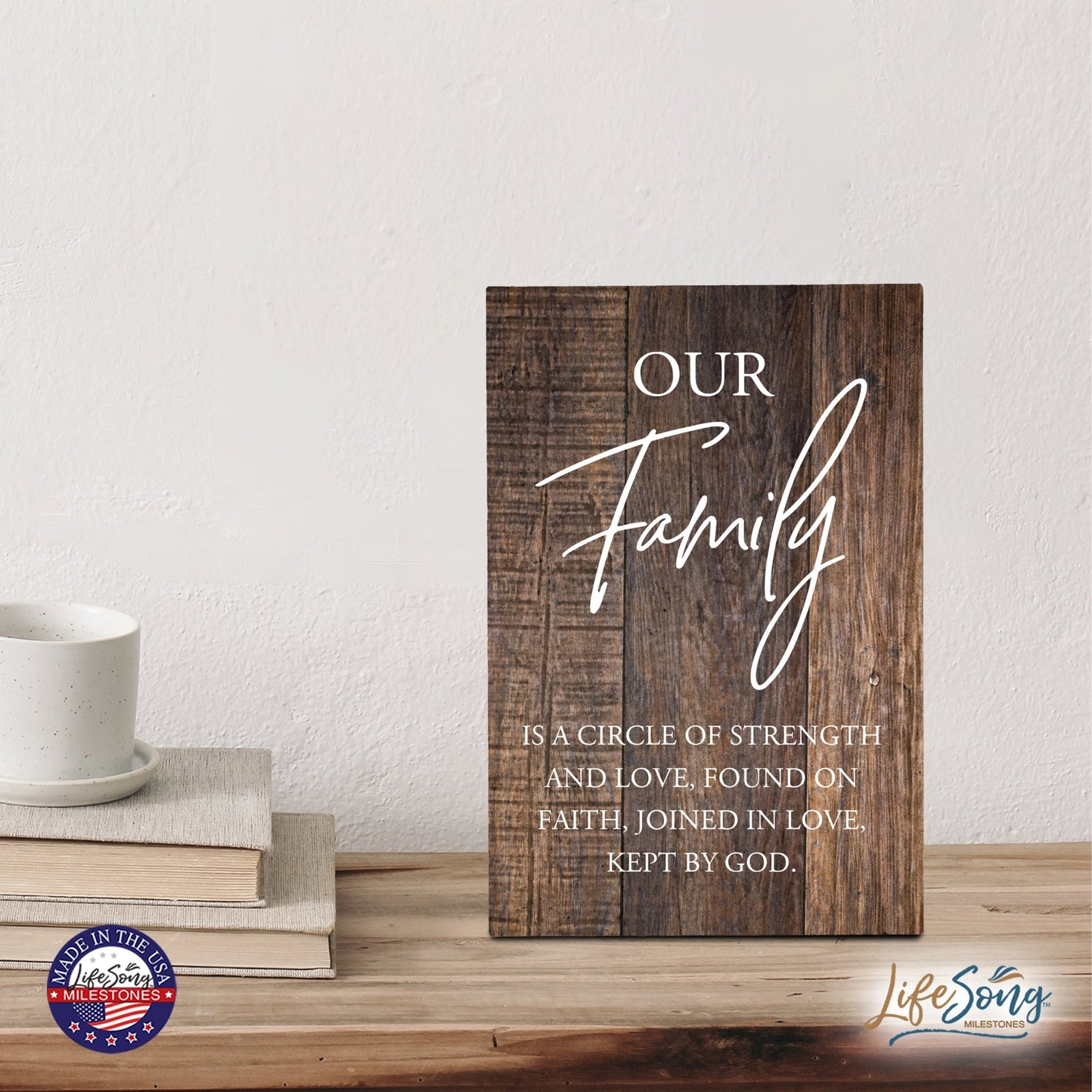 Wood Wall Sign with Inspirational Quote Our Family Is A Circle Table Top Home Office Desk Decoration 5.5x8in - LifeSong Milestones
