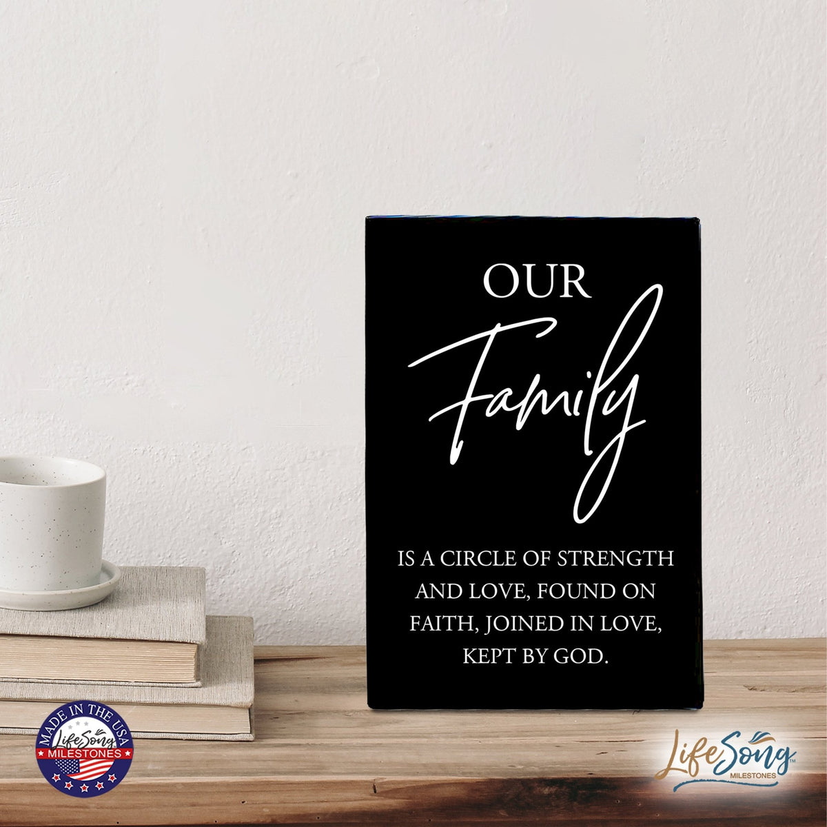Wood Wall Sign with Inspirational Quote Our Family Is A Circle Table Top Home Office Desk Decoration 5.5x8in - LifeSong Milestones