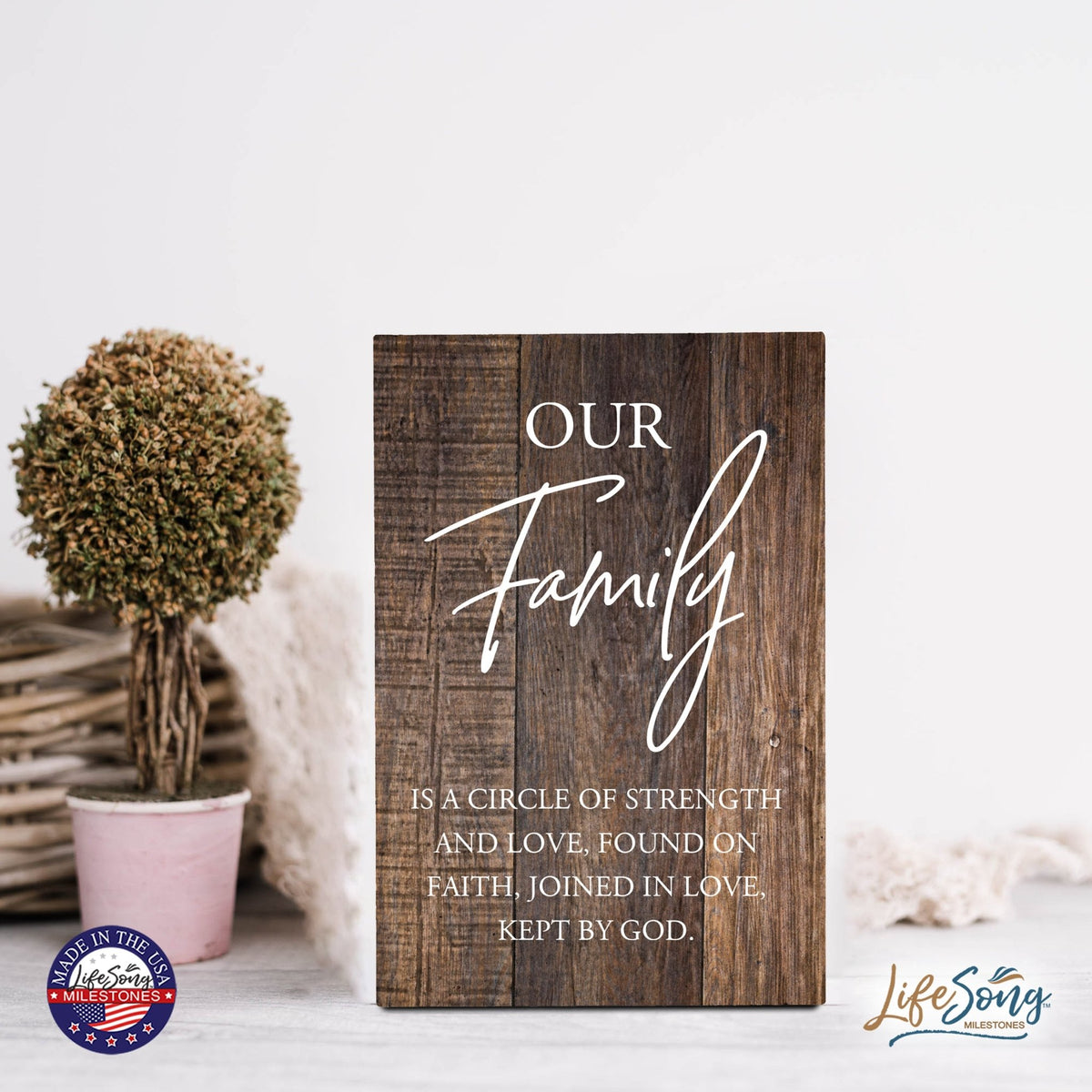 Wood Wall Sign with Inspirational Quote Our Family Is A Circle Table Top Home Office Desk Decoration 5.5x8in - LifeSong Milestones