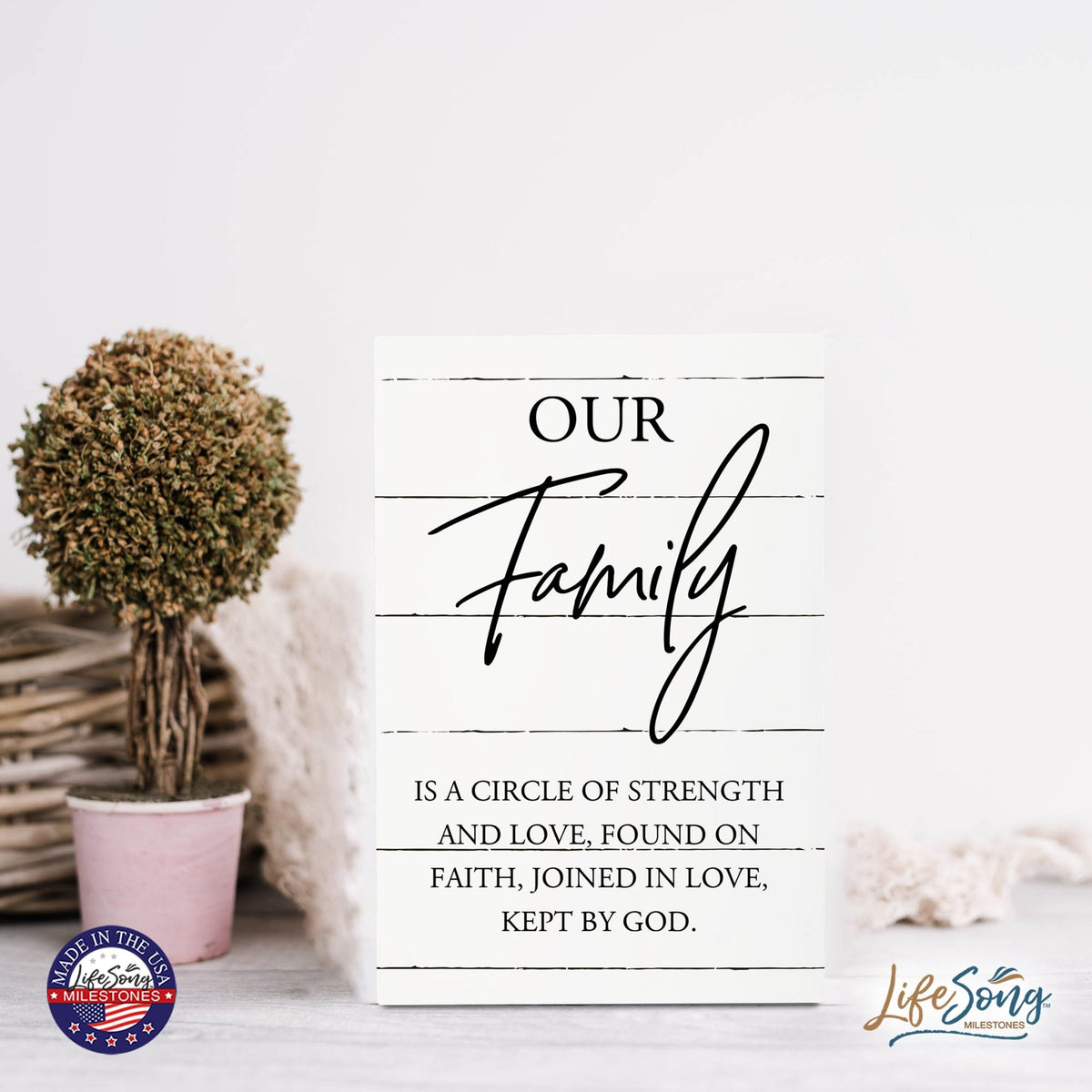 Wood Wall Sign with Inspirational Quote Our Family Is A Circle Table Top Home Office Desk Decoration 5.5x8in - LifeSong Milestones