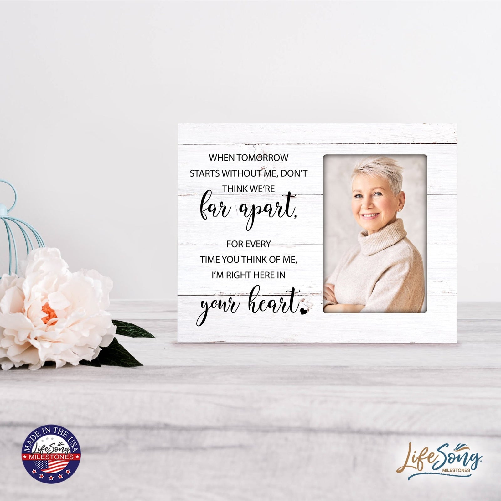Wooden 8x10 Memorial Picture Frame Holds 4x6 Photo - When Tomorrow Starts - LifeSong Milestones