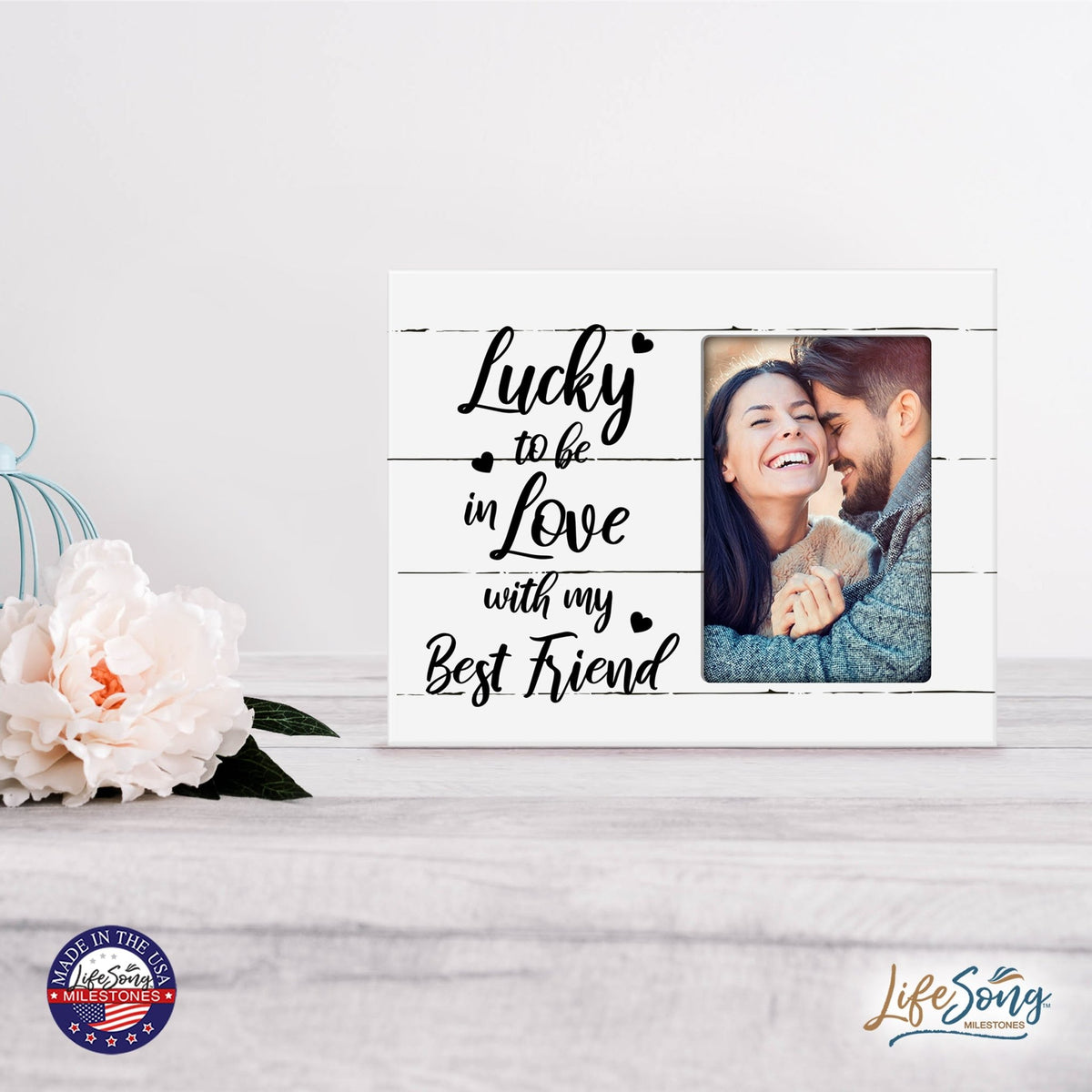 Wooden 8x10 Wedding Picture Frame Holds 4x6 Photo - Lucky To Be In Love - LifeSong Milestones