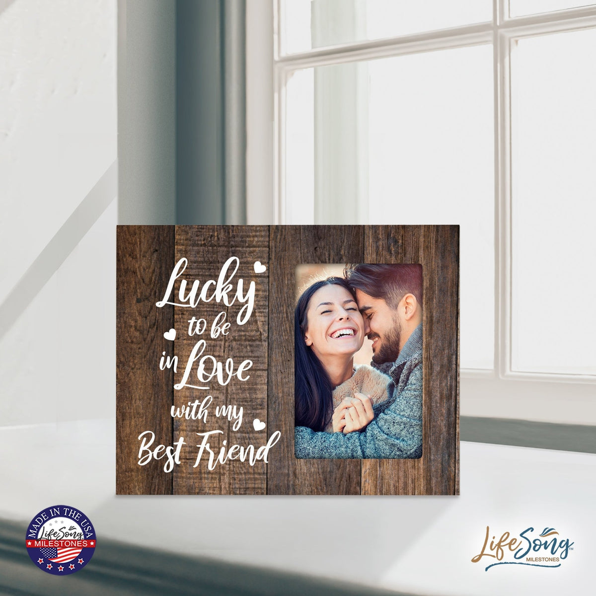 Wooden 8x10 Wedding Picture Frame Holds 4x6 Photo - Lucky To Be In Love - LifeSong Milestones