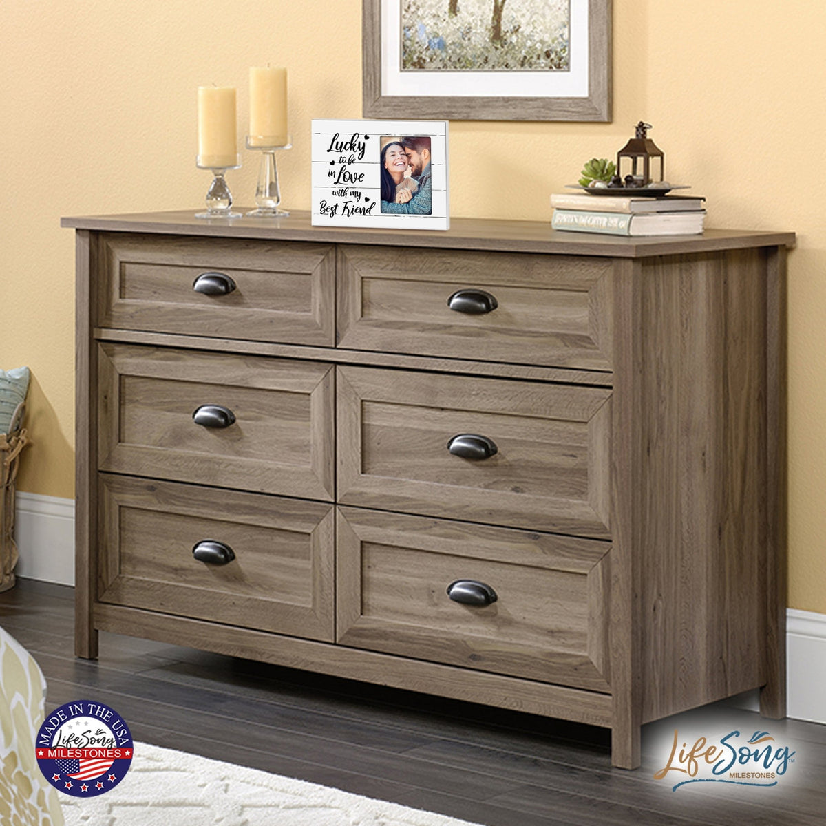 Wooden 8x10 Wedding Picture Frame Holds 4x6 Photo - Lucky To Be In Love - LifeSong Milestones