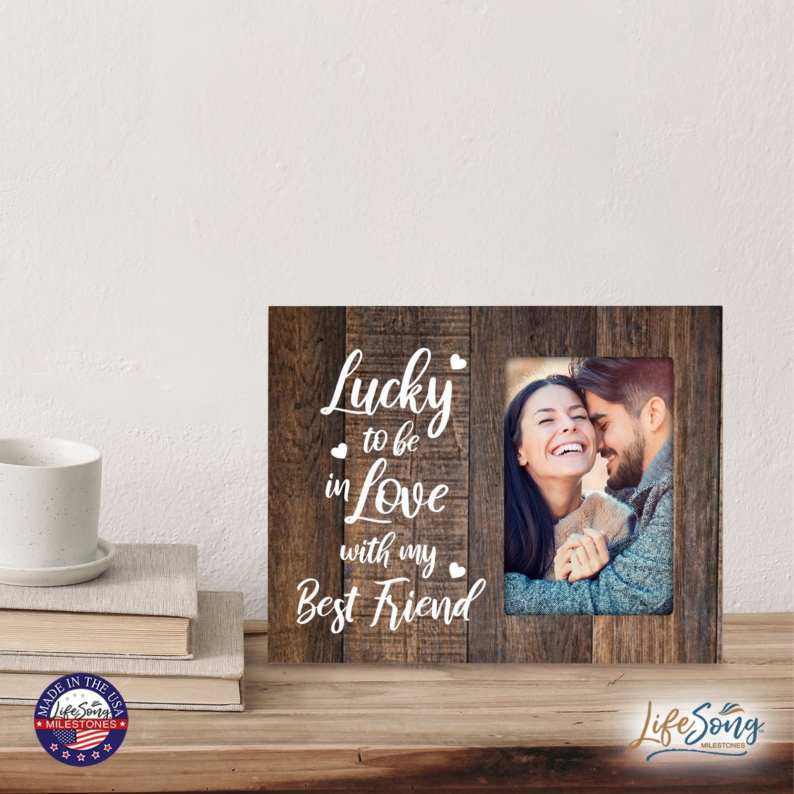 Wooden 8x10 Wedding Picture Frame Holds 4x6 Photo - Lucky To Be In Love - LifeSong Milestones