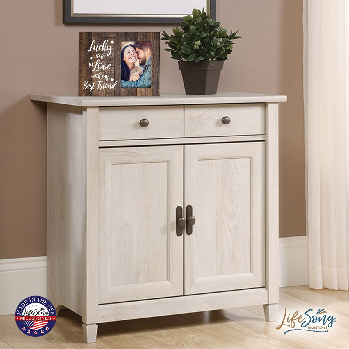 Wooden 8x10 Wedding Picture Frame Holds 4x6 Photo - Lucky To Be In Love - LifeSong Milestones