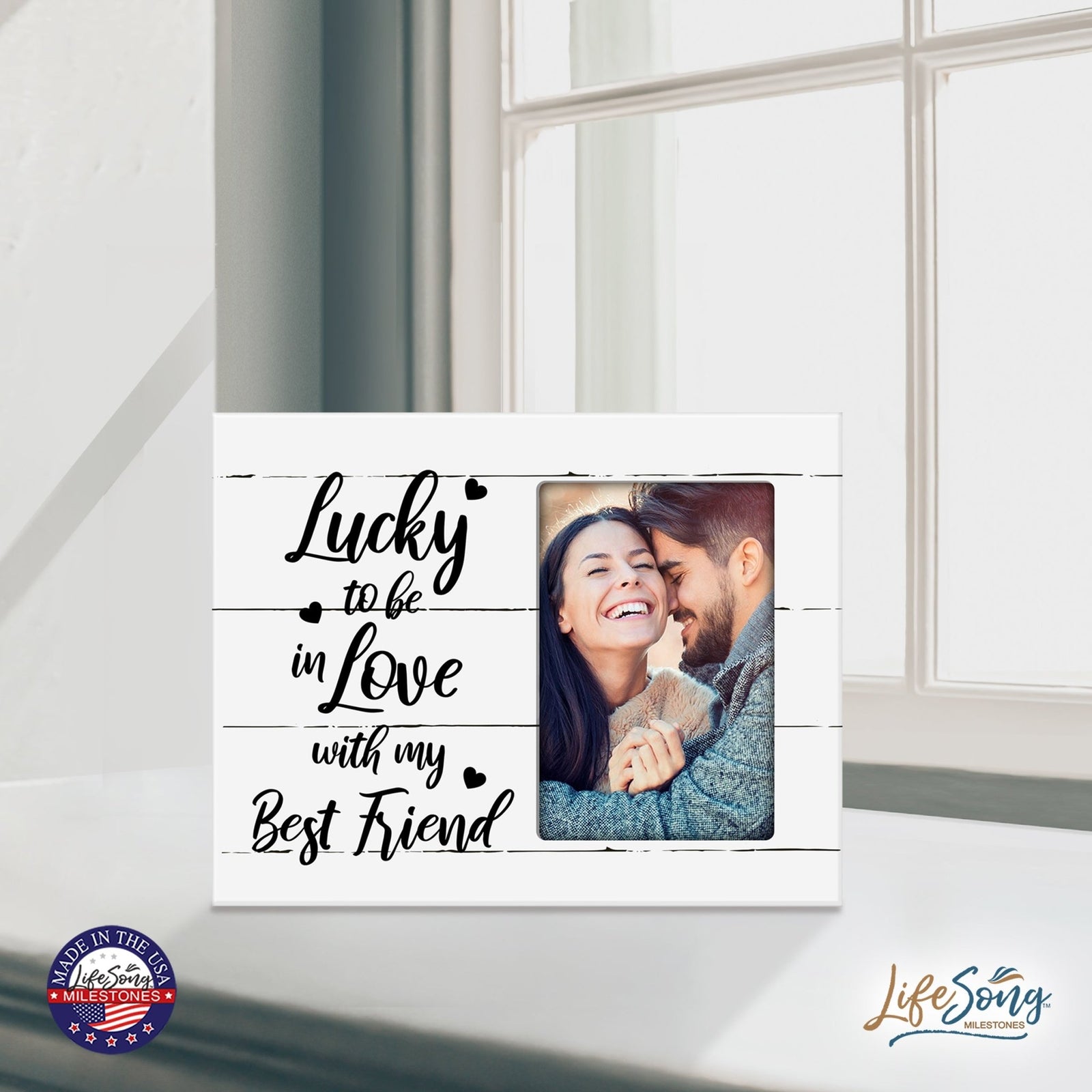 Wooden 8x10 Wedding Picture Frame Holds 4x6 Photo - Lucky To Be In Love - LifeSong Milestones