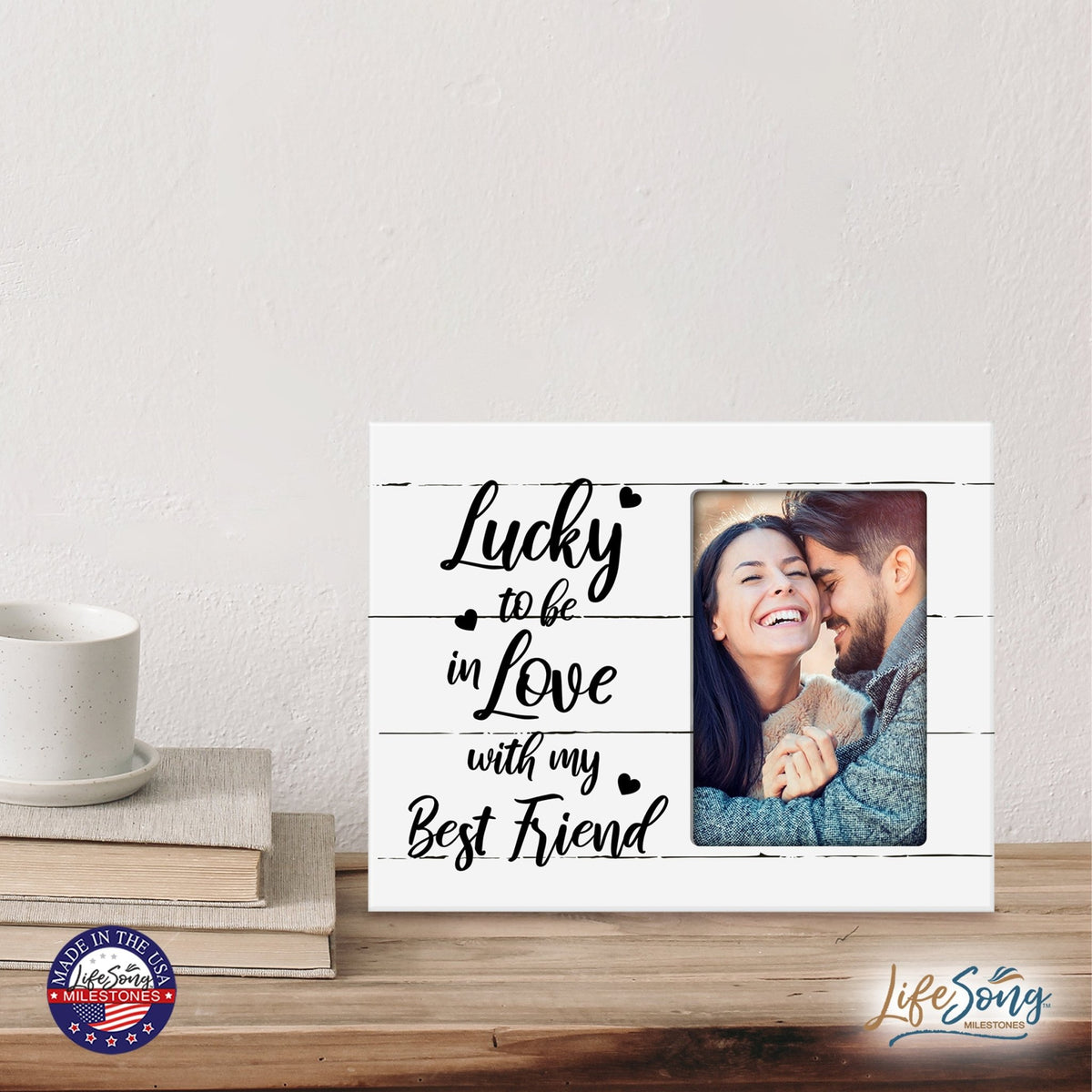 Wooden 8x10 Wedding Picture Frame Holds 4x6 Photo - Lucky To Be In Love - LifeSong Milestones