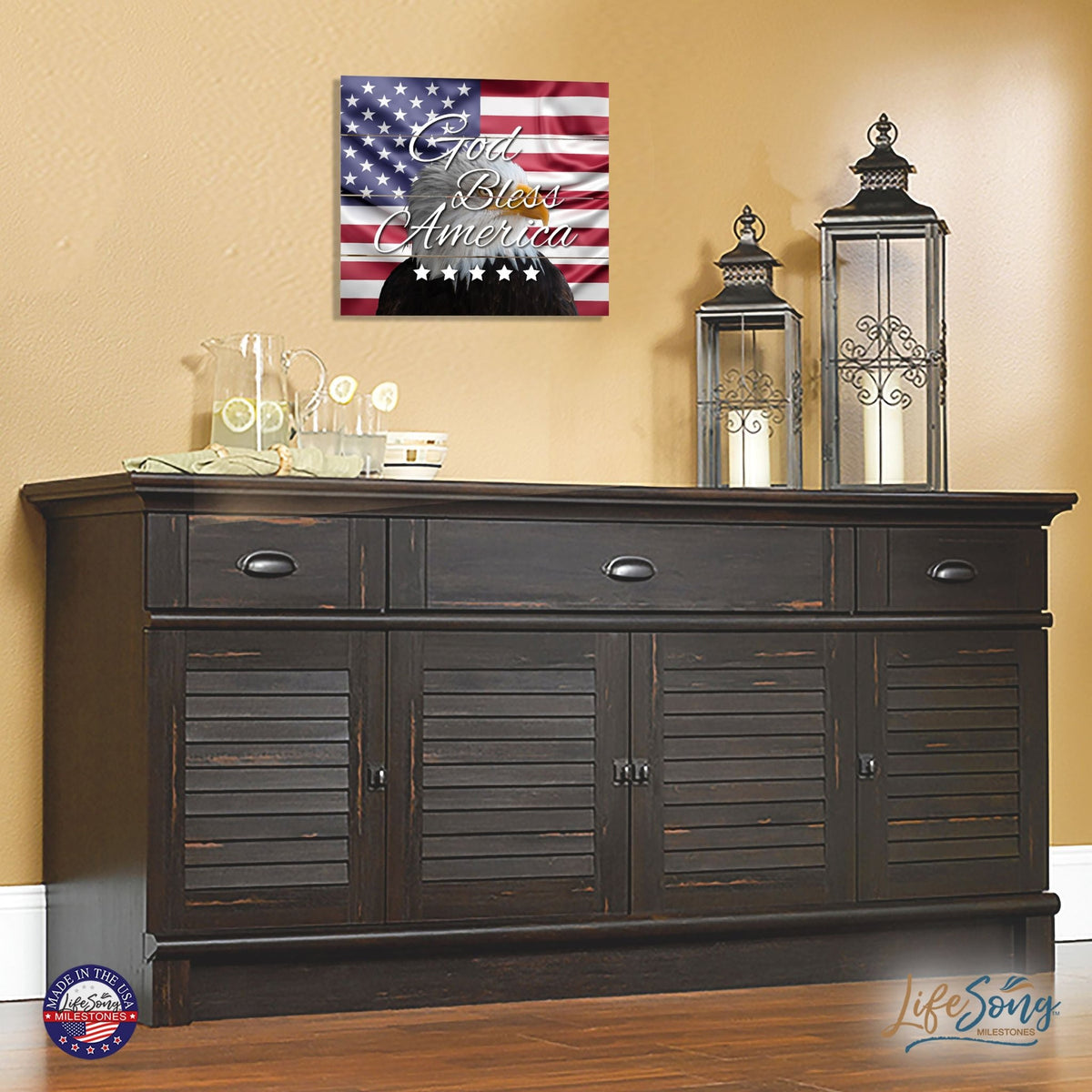 Wooden American Flag Patriotic Veteran Wall Sign Gift - God Bless Stars - LifeSong Milestones
