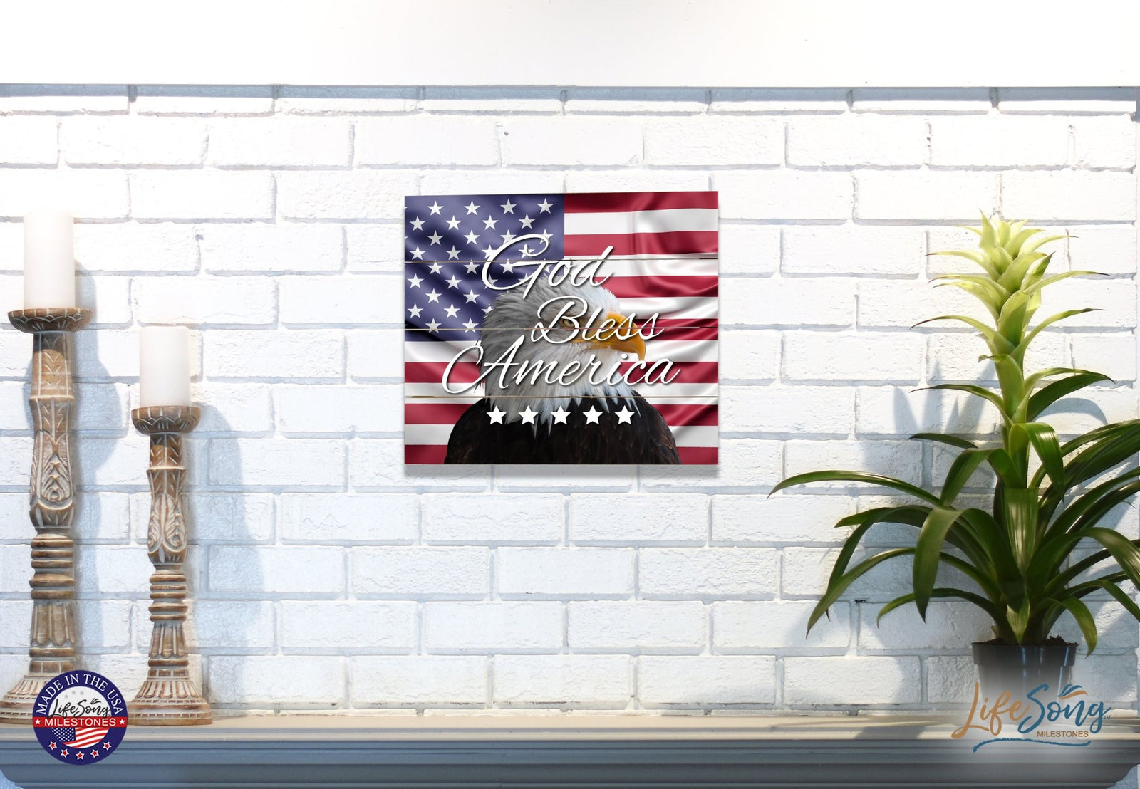 Wooden American Flag Patriotic Veteran Wall Sign Gift - God Bless Stars - LifeSong Milestones