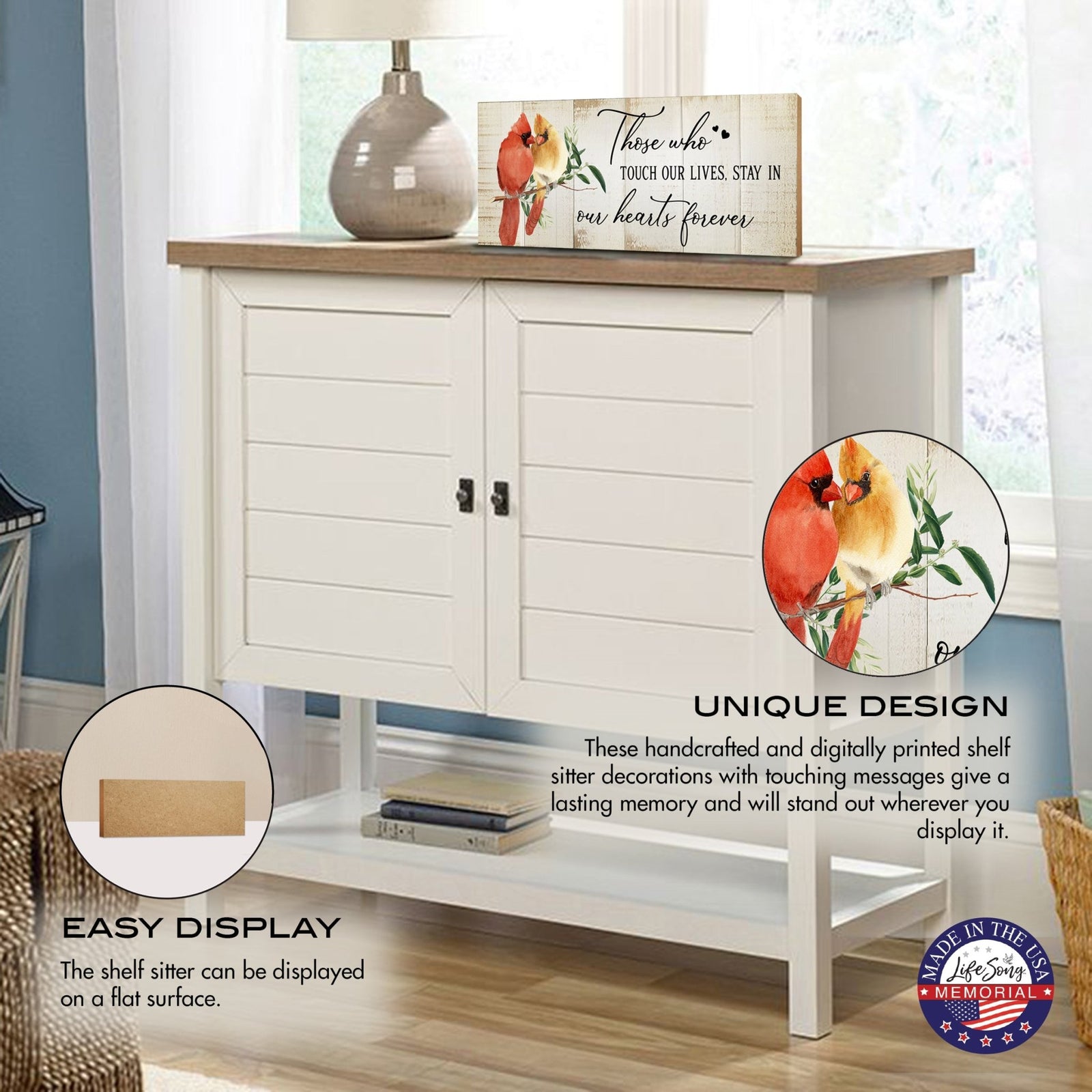 Wooden Cardinal Memorial Shelf Décor and Tabletop Signs Sympathy Gifts - LifeSong Milestones