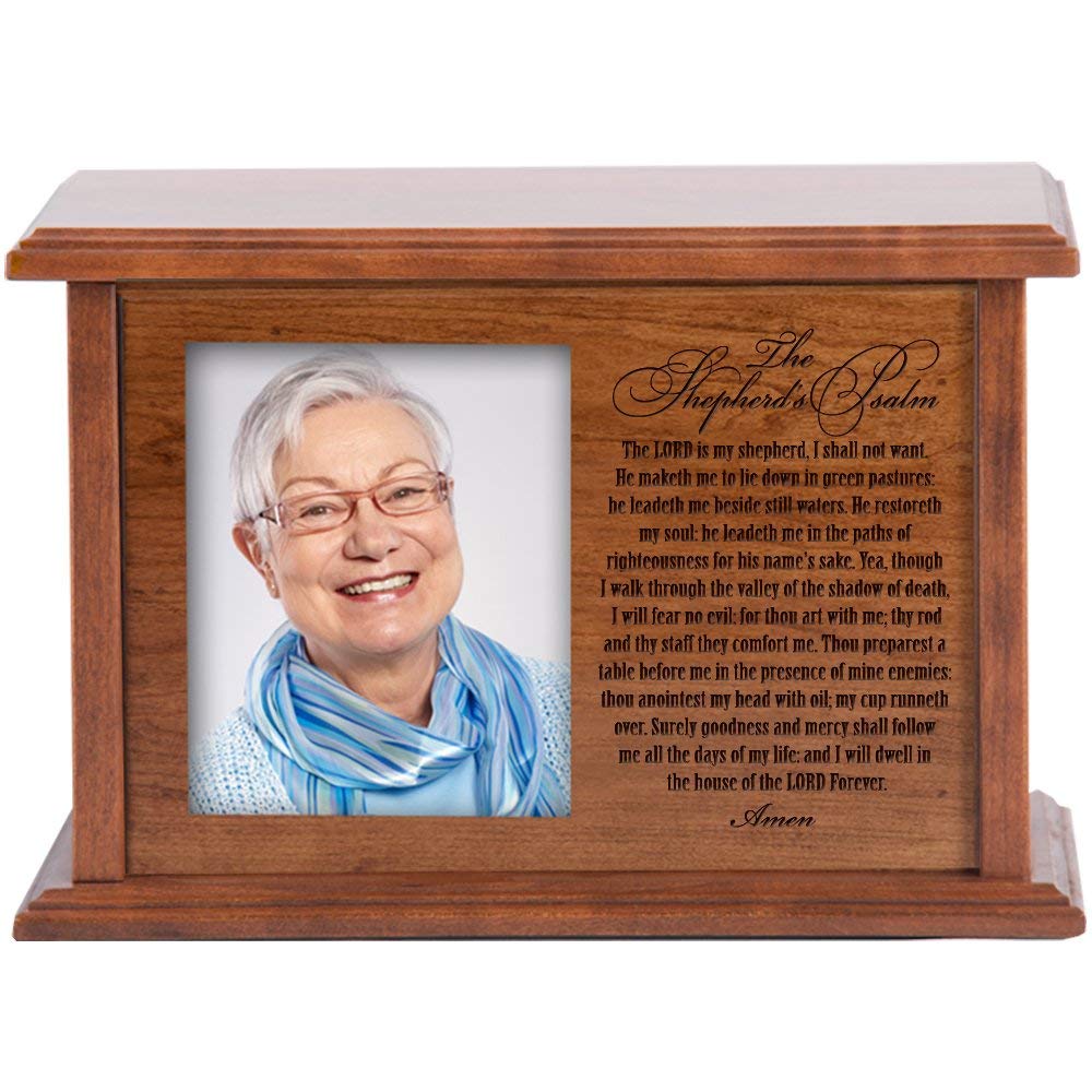 Wooden Cremation Urn with Picture Frame holds 4x5 photo The Shepherds Psalm - LifeSong Milestones