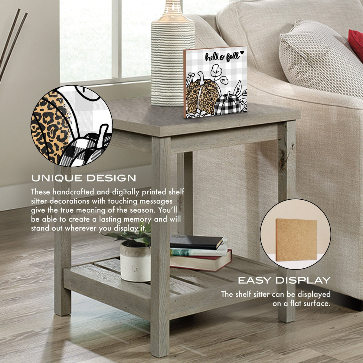 Wooden Fall Themed Unique Shelf Décor and Tabletop Signs - Hello Fall - LifeSong Milestones