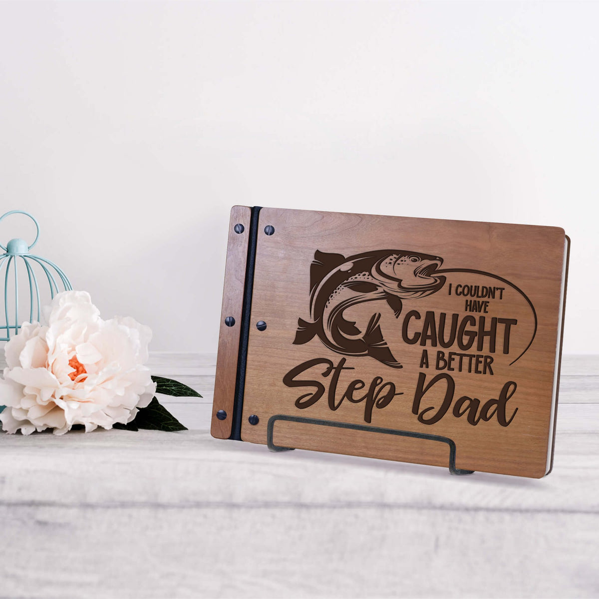 Wooden Memorial Large Guestbook with Fisherman Verse for Funeral Service - Step Dad - LifeSong Milestones