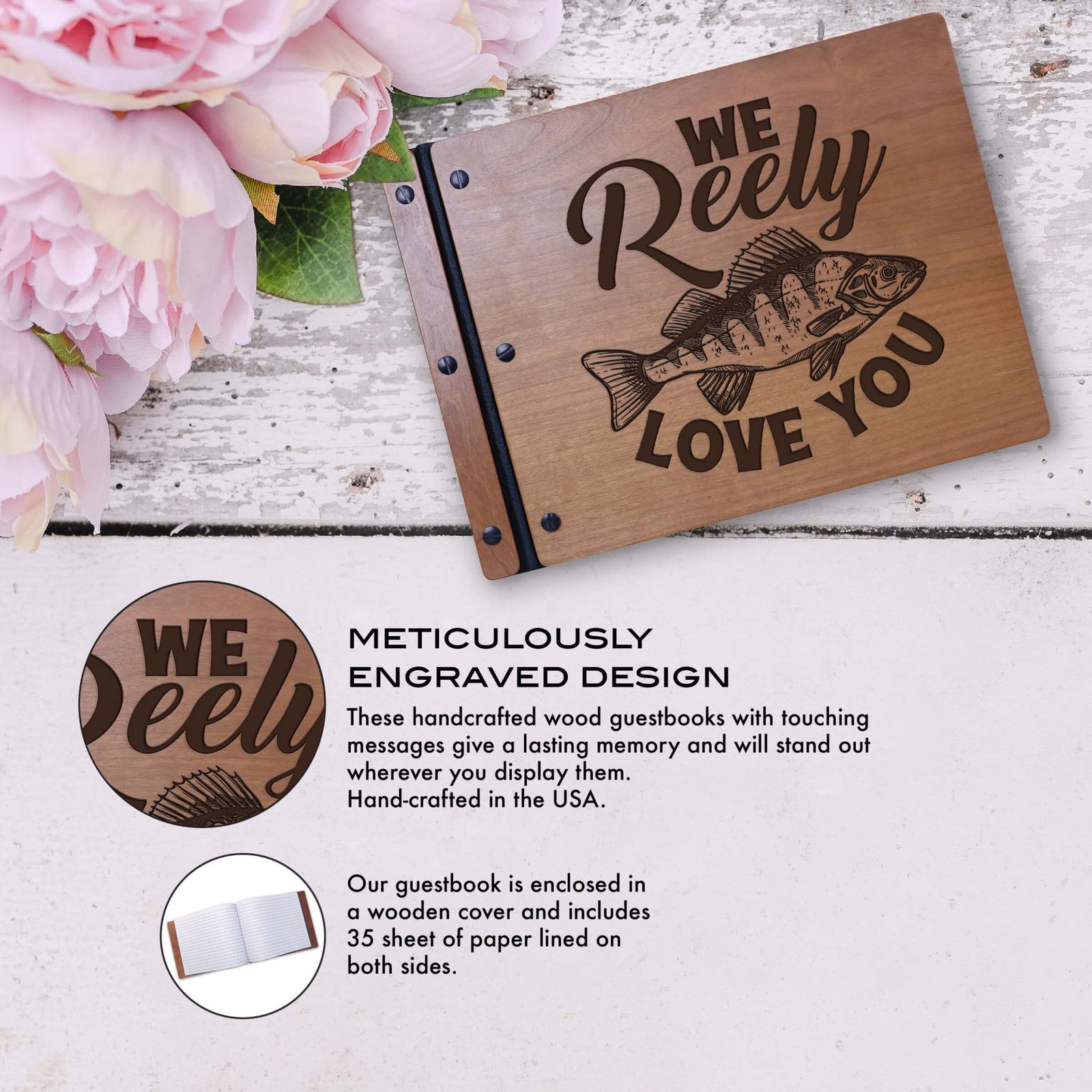 Wooden Memorial Large Guestbook with Fisherman Verse for Funeral Service - We Reely Love You - LifeSong Milestones