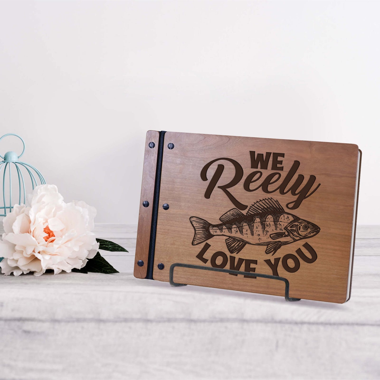 Wooden Memorial Large Guestbook with Fisherman Verse for Funeral Service - We Reely Love You - LifeSong Milestones
