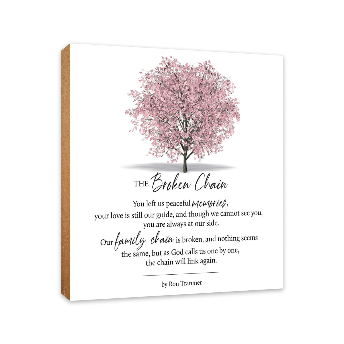 Broken Chain memorial plaque with pink tree artwork printed on engineered wood — sympathy and remembrance gift.