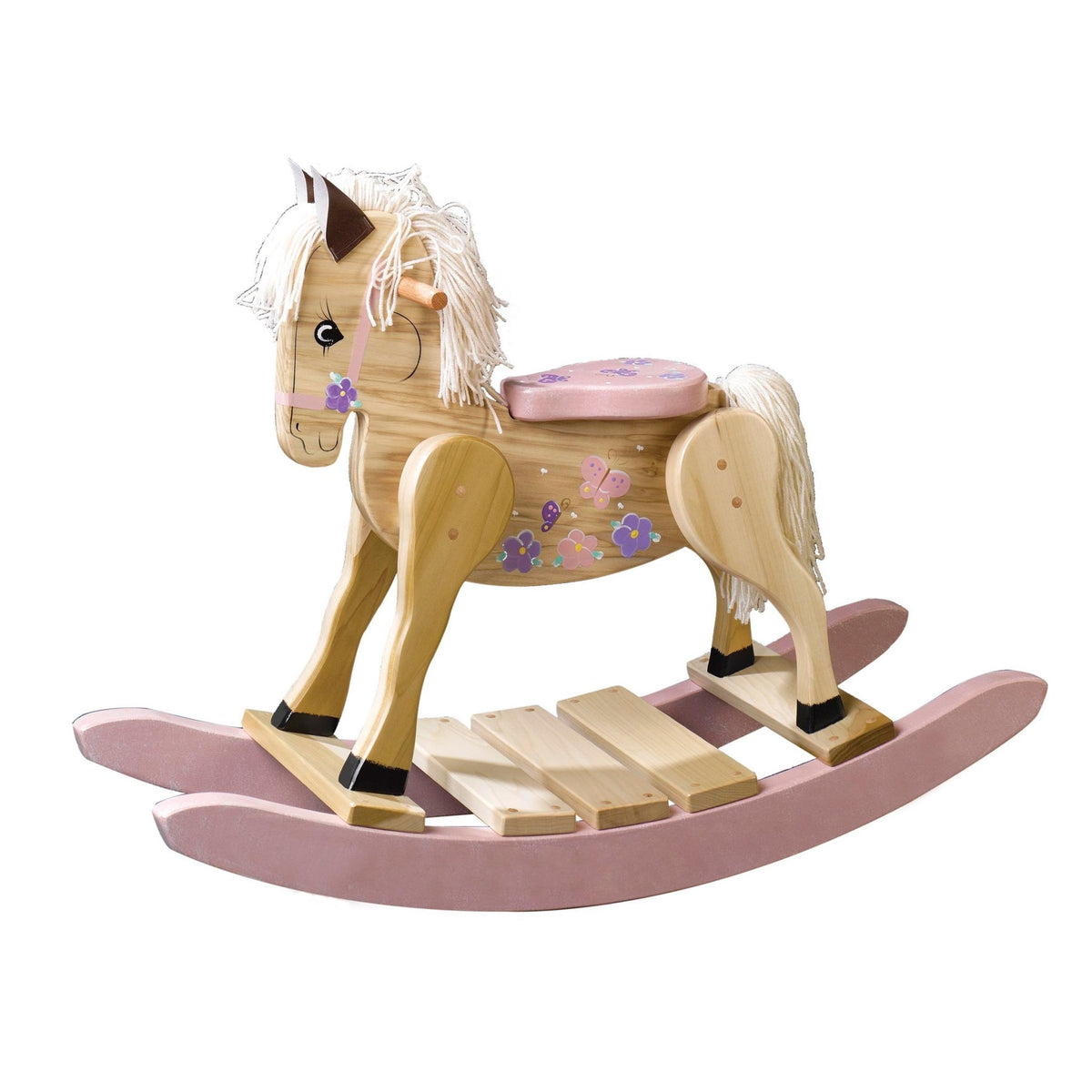 Pink wooden rocking horse isolated on white background