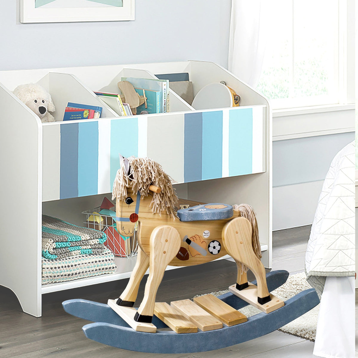 Premium Oak wooden rocking horse with safety handles for toddlers Sports design for boys, football, baseball, soccer and baseball