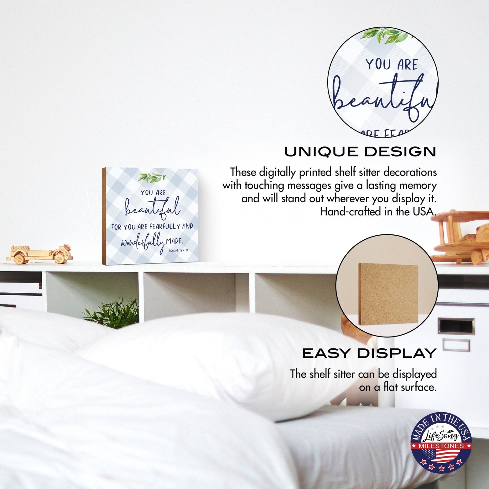 Wooden Shelf Décor and Tabletop Signs for Baby Baptism - You Are Beautiful - LifeSong Milestones