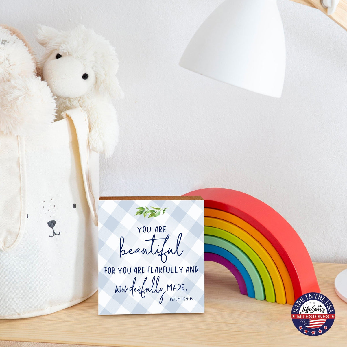 Wooden Shelf Décor and Tabletop Signs for Baby Baptism - You Are Beautiful - LifeSong Milestones