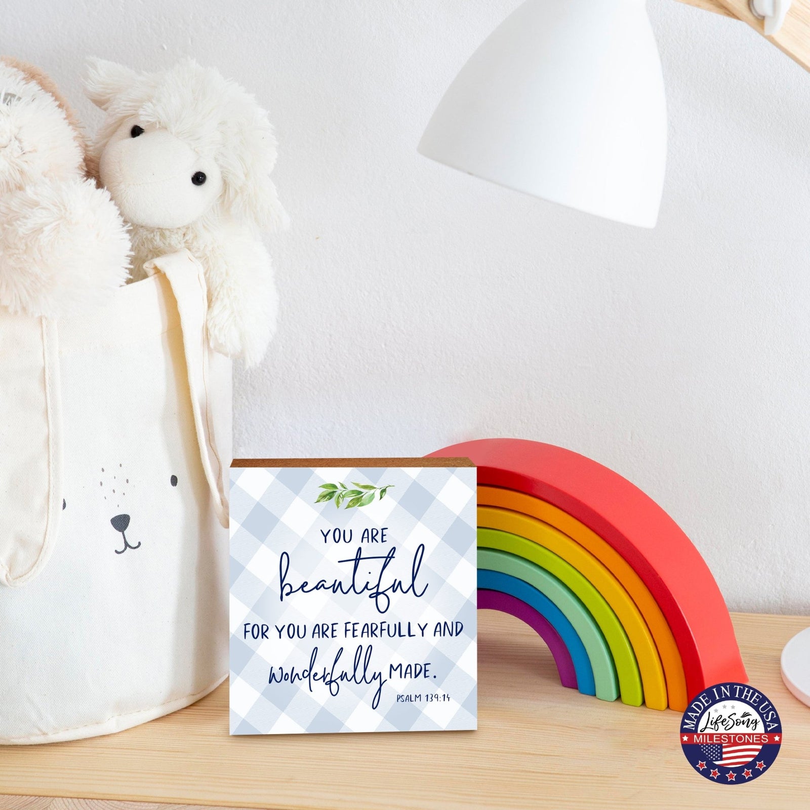 Wooden Shelf Décor and Tabletop Signs for Baby Baptism - You Are Beautiful - LifeSong Milestones