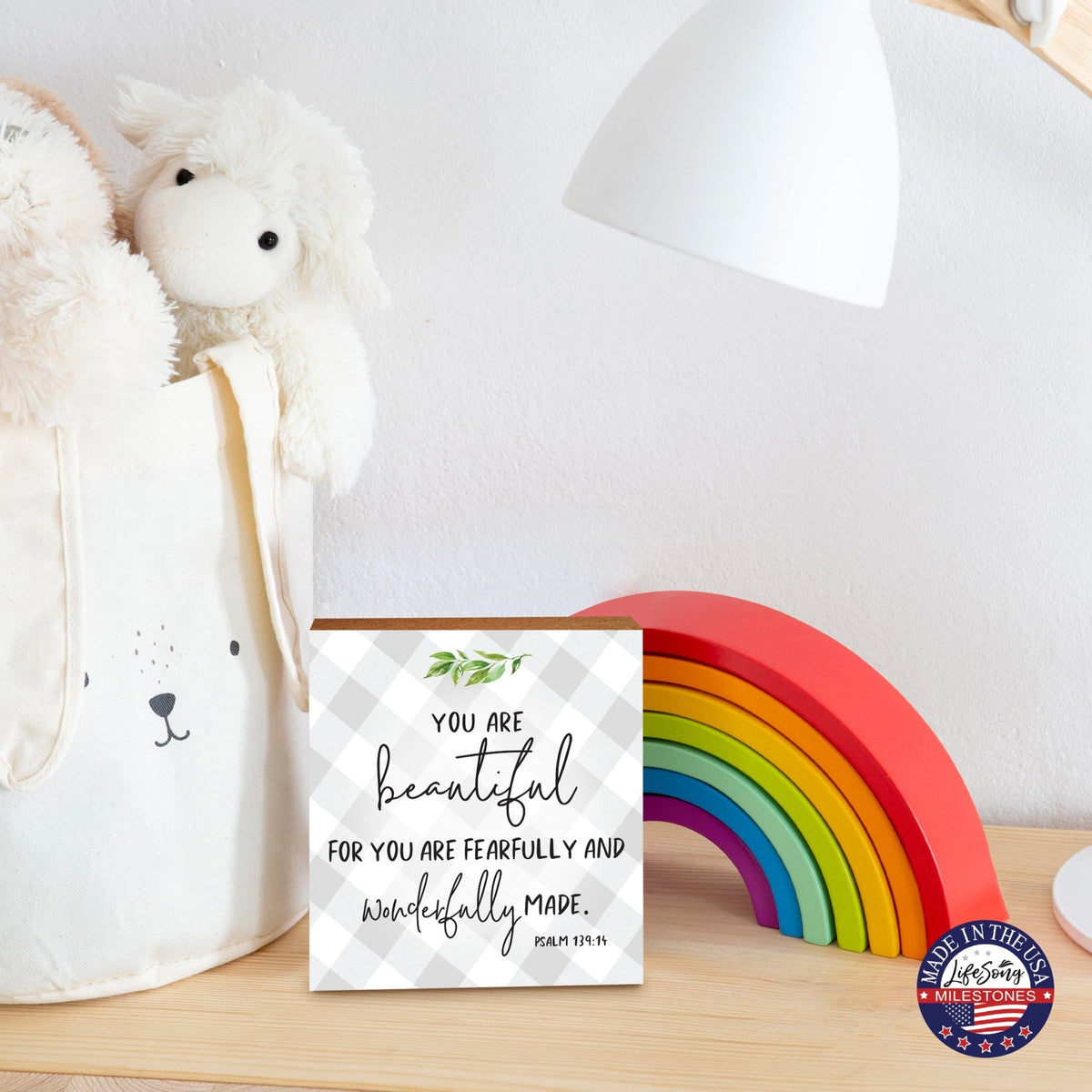 Wooden Shelf Décor and Tabletop Signs for Baby Baptism - You Are Beautiful - LifeSong Milestones