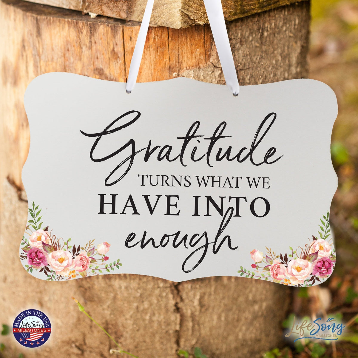 Wooden Wall Hanging Sign for Home Decorations 8x12 - Gratitude Turns - LifeSong Milestones