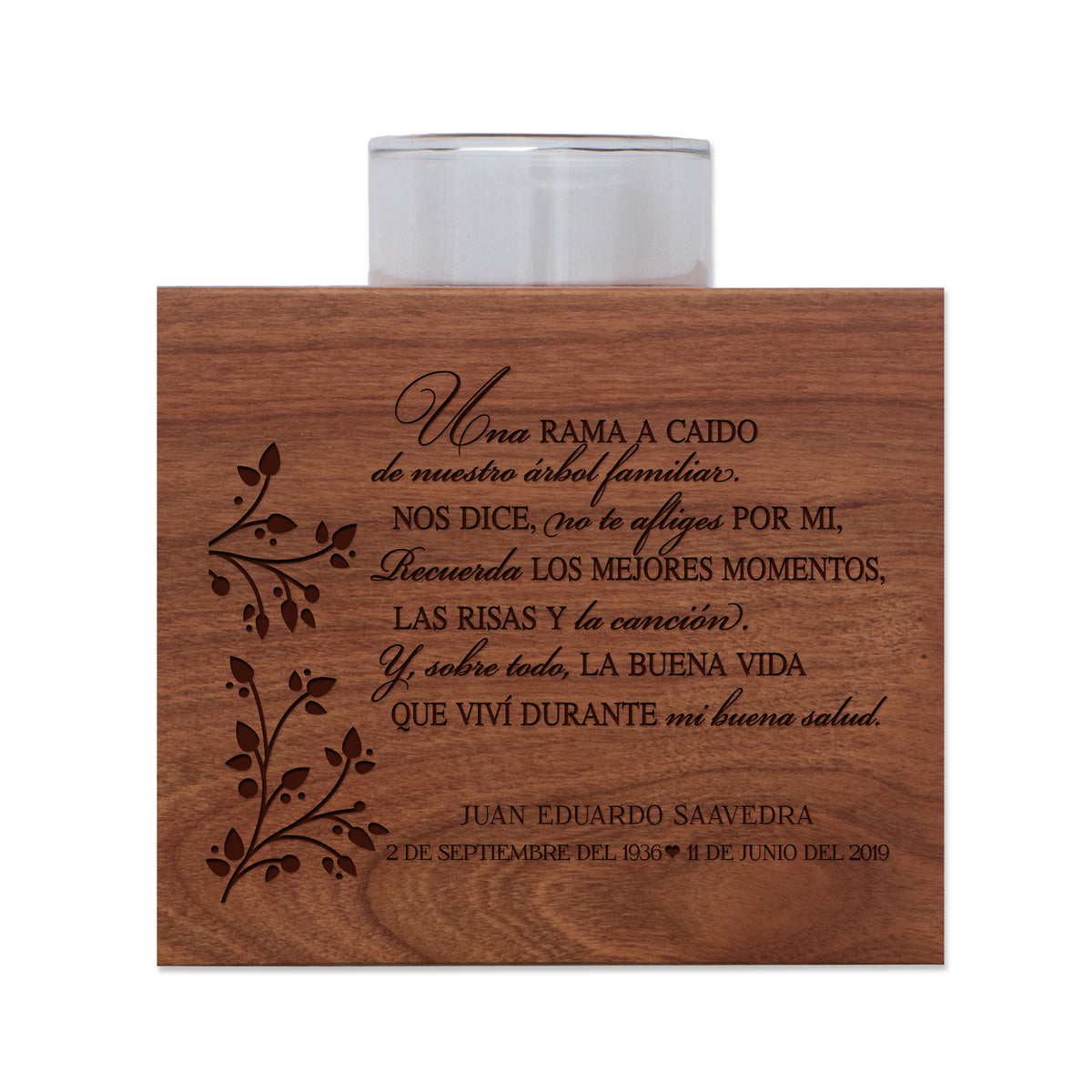 Lifesong Milestones Custom Engraved Cherry Wood Memorial Candle Holder in Spanish Verse 3” (W) x 2.75” (D) x 3.5” (H) Great memorial gift to HONOR the memory of a loved one who has passed on.