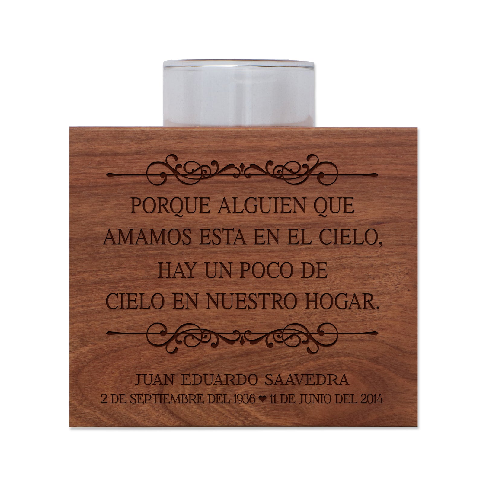 Lifesong Milestones Custom Engraved Cherry Wood Memorial Candle Holder in Spanish Verse 3” (W) x 2.75” (D) x 3.5” (H) Great memorial gift to HONOR the memory of a loved one who has passed on.