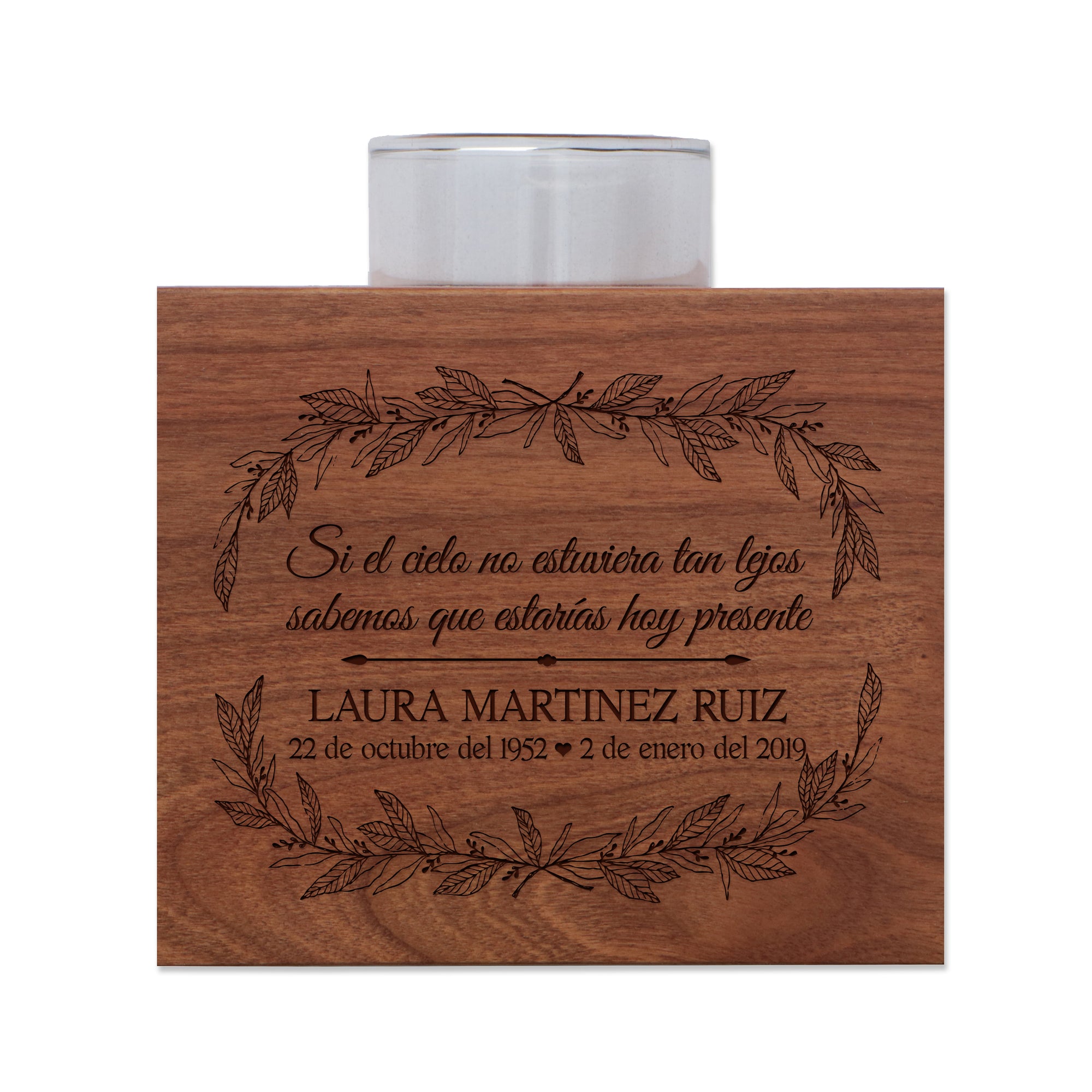 Lifesong Milestones Custom Engraved Cherry Wood Memorial Candle Holder in Spanish Verse 3” (W) x 2.75” (D) x 3.5” (H) Great memorial gift to HONOR the memory of a loved one who has passed on.Lifesong Milestones Custom Engraved Cherry Wood Memorial Candle Holder in Spanish Verse 3” (W) x 2.75” (D) x 3.5” (H) Great memorial gift to HONOR the memory of a loved one who has passed on.