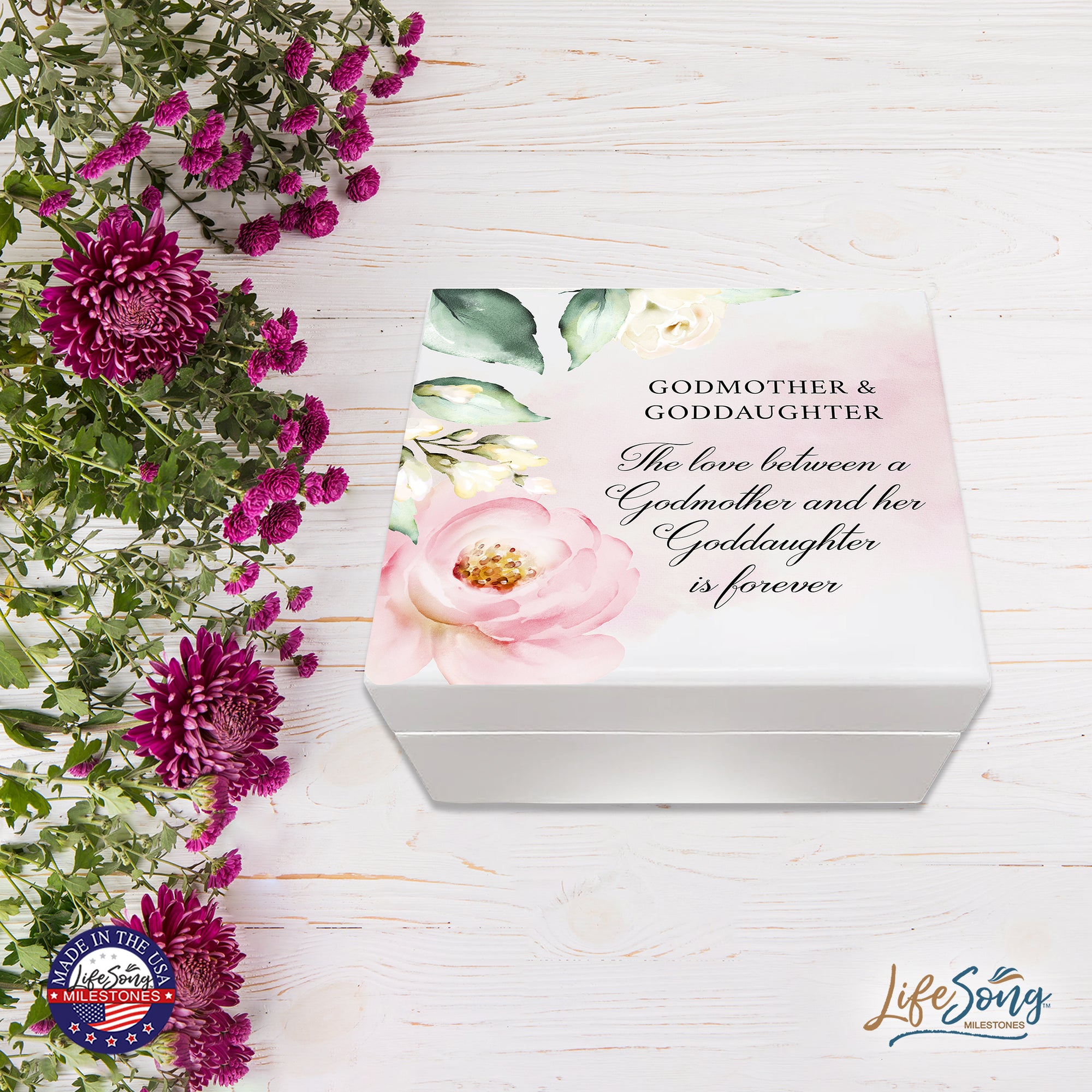 LifeSong Milestones Modern Inspirational White Jewelry Keepsake Box for GodMother 6x5.5 - The Love Between. Housewarming keepsake gifts for your beloved GodMother. Perfect gift to hold your watches, rings, cufflinks, bracelets, necklaces & special mementos
