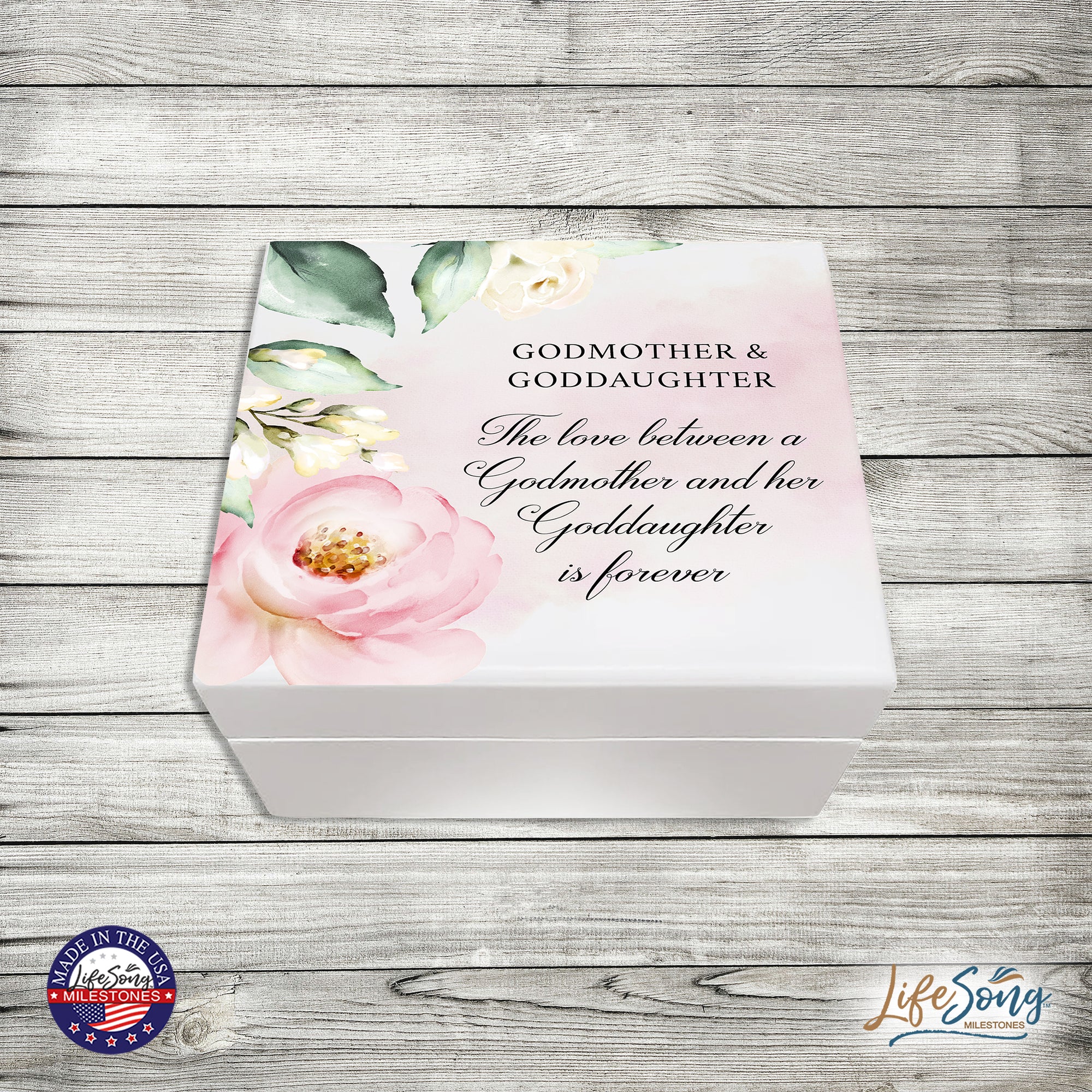 LifeSong Milestones Modern Inspirational White Jewelry Keepsake Box for GodMother 6x5.5 - The Love Between. Housewarming keepsake gifts for your beloved GodMother. Perfect gift to hold your watches, rings, cufflinks, bracelets, necklaces & special mementos