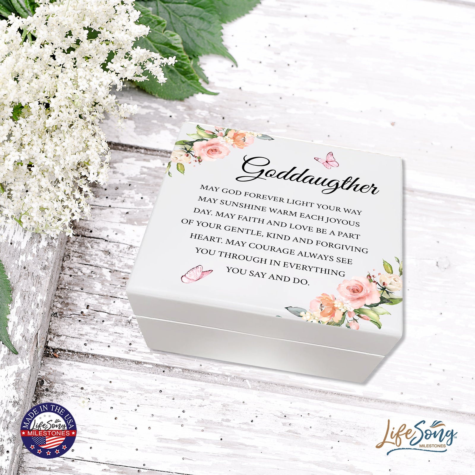 LifeSong Milestones Modern Inspiring White Keepsake Box for Goddaughter Unique Home Decor A housewarming keepsake gift for your beloved Daughter Goddaughter Godchild from Godparents (Light Your Way) 6x5.5