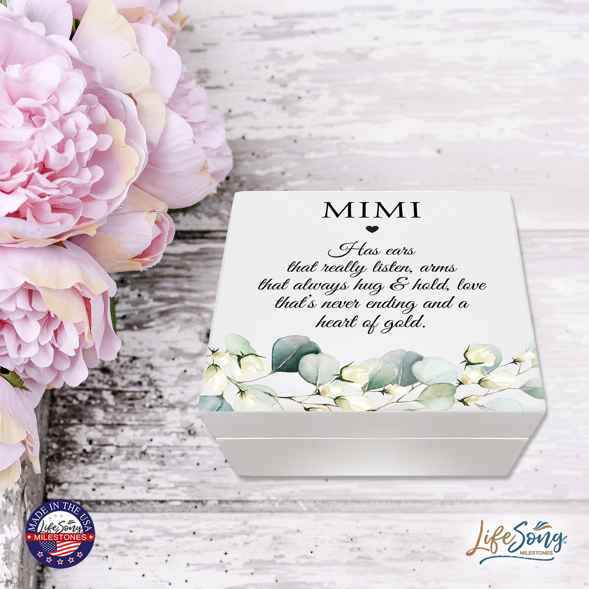 LifeSong Milestones Modern Inspirational White Jewelry Keepsake Box for Mimi 6x5.5 - A Heart of Gold. Housewarming keepsake gifts for your beloved Mimi. Perfect gift to hold your watches, rings, cufflinks, bracelets, necklaces & special mementos