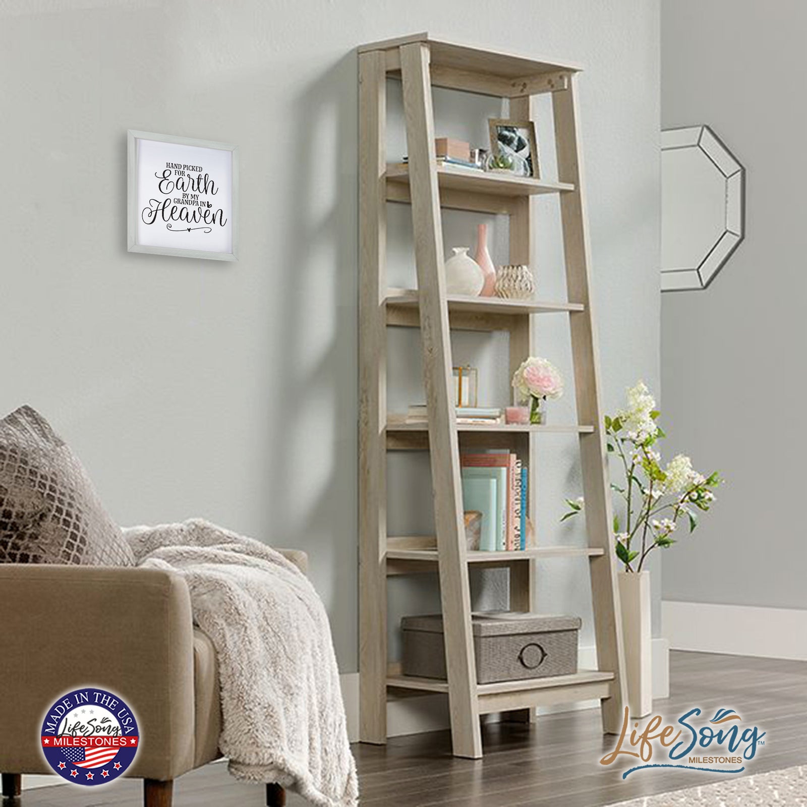 LifeSong Milestones Inspiring Modern Framed Shadow Box 7x7in - Hand Picked For Earth By My Grandpa. Wall Decor Decorative Accents For Walls Ready to Hang for Home Living Room, Bedroom, Kitchen, Dining Room, and Entryways Decorations.