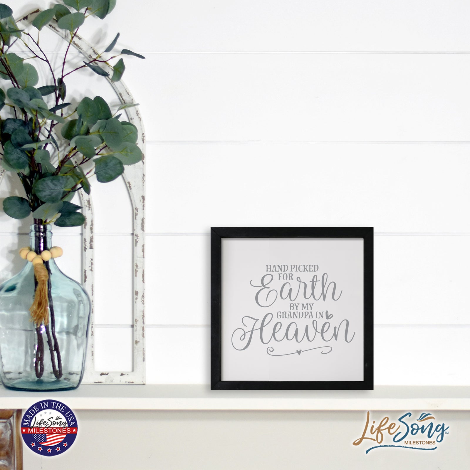 LifeSong Milestones Inspiring Modern Framed Shadow Box 7x7in - Hand Picked For Earth By My Grandpa. Wall Decor Decorative Accents For Walls Ready to Hang for Home Living Room, Bedroom, Kitchen, Dining Room, and Entryways Decorations.