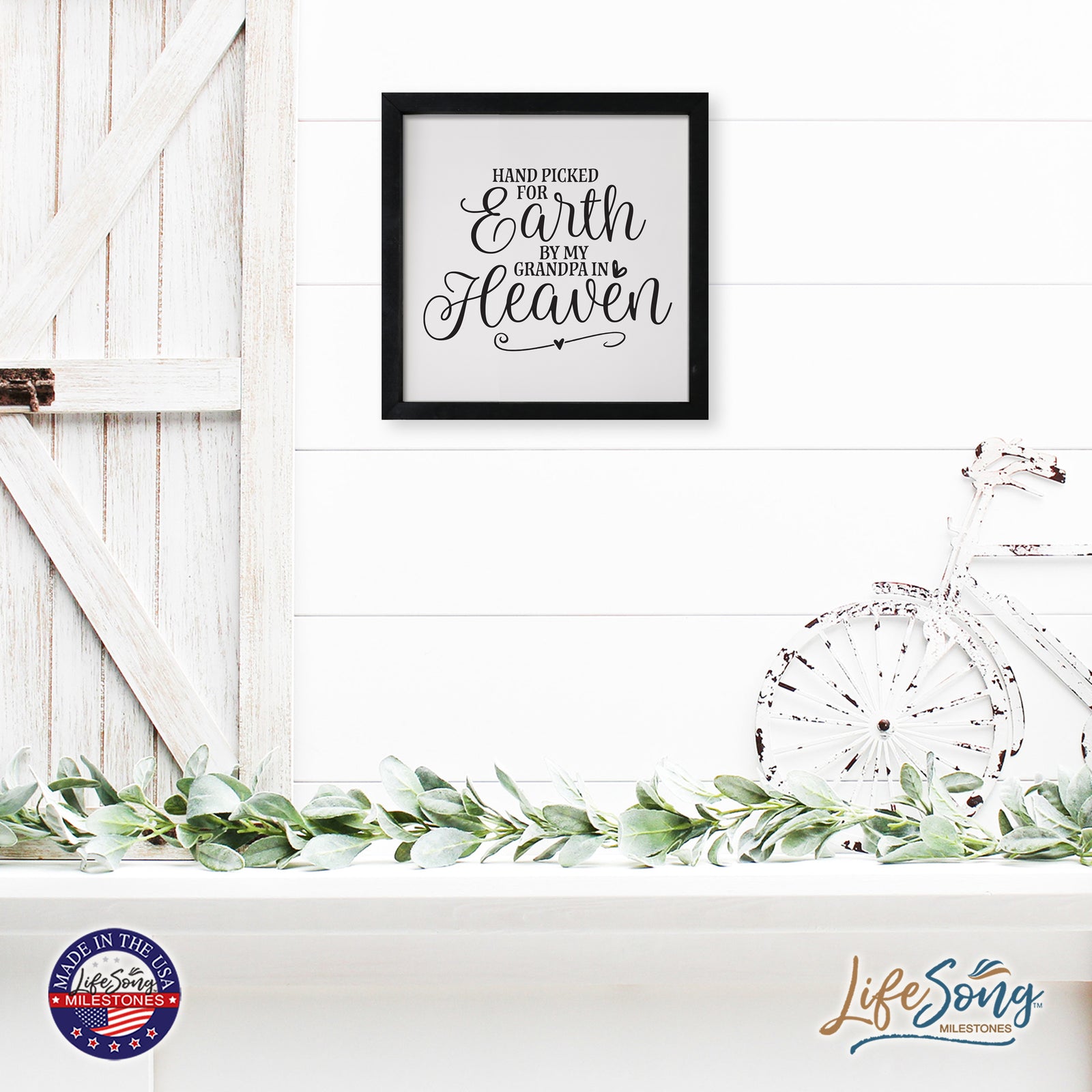 LifeSong Milestones Inspiring Modern Framed Shadow Box 7x7in - Hand Picked For Earth By My Grandpa. Wall Decor Decorative Accents For Walls Ready to Hang for Home Living Room, Bedroom, Kitchen, Dining Room, and Entryways Decorations.