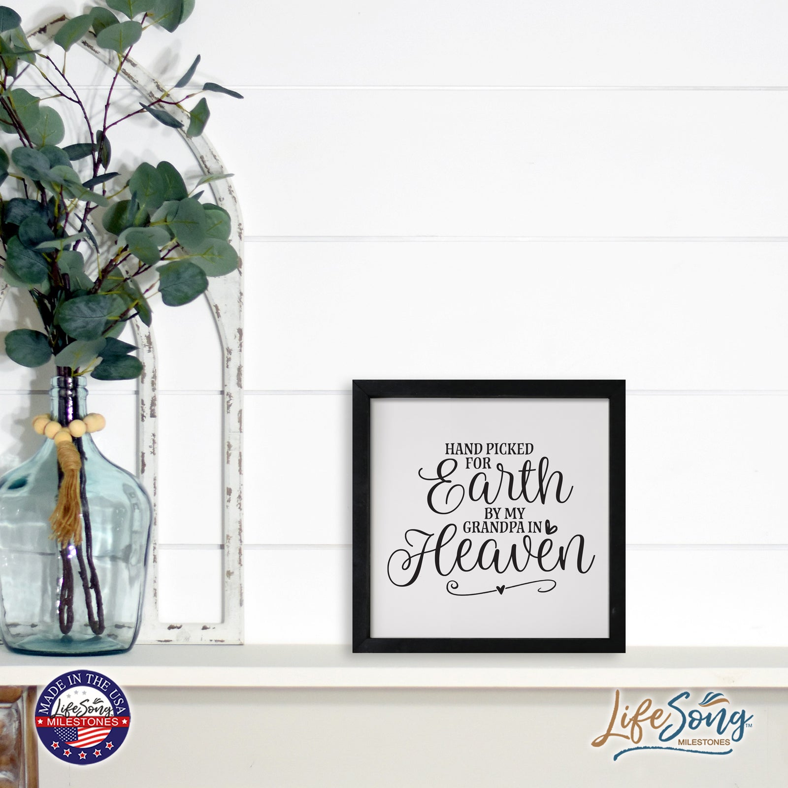 LifeSong Milestones Inspiring Modern Framed Shadow Box 7x7in - Hand Picked For Earth By My Grandpa. Wall Decor Decorative Accents For Walls Ready to Hang for Home Living Room, Bedroom, Kitchen, Dining Room, and Entryways Decorations.