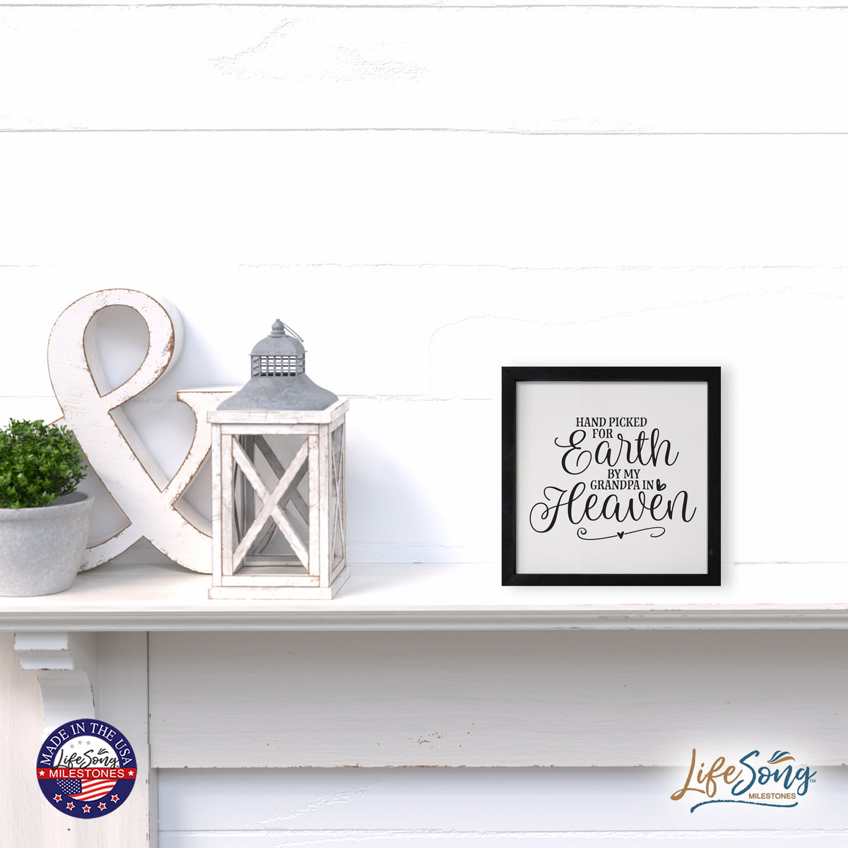 LifeSong Milestones Inspiring Modern Framed Shadow Box 7x7in - Hand Picked For Earth By My Grandpa. Wall Decor Decorative Accents For Walls Ready to Hang for Home Living Room, Bedroom, Kitchen, Dining Room, and Entryways Decorations.