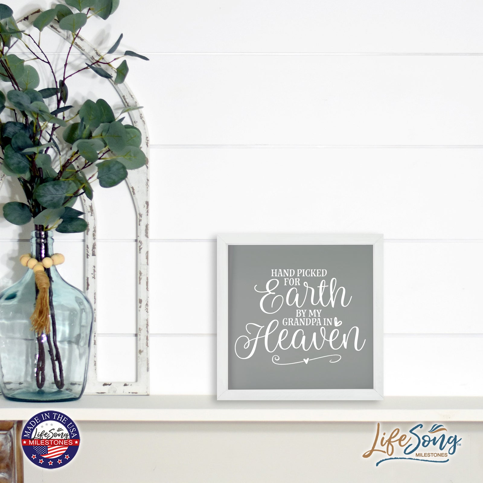 LifeSong Milestones Inspiring Modern Framed Shadow Box 7x7in - Hand Picked For Earth By My Grandpa. Wall Decor Decorative Accents For Walls Ready to Hang for Home Living Room, Bedroom, Kitchen, Dining Room, and Entryways Decorations.