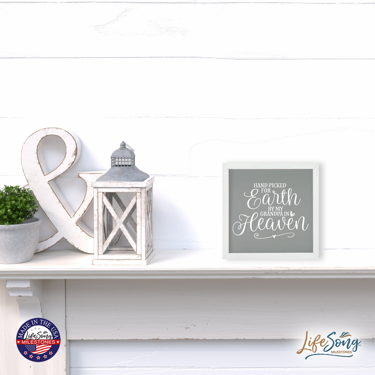 LifeSong Milestones Inspiring Modern Framed Shadow Box 7x7in - Hand Picked For Earth By My Grandpa. Wall Decor Decorative Accents For Walls Ready to Hang for Home Living Room, Bedroom, Kitchen, Dining Room, and Entryways Decorations.